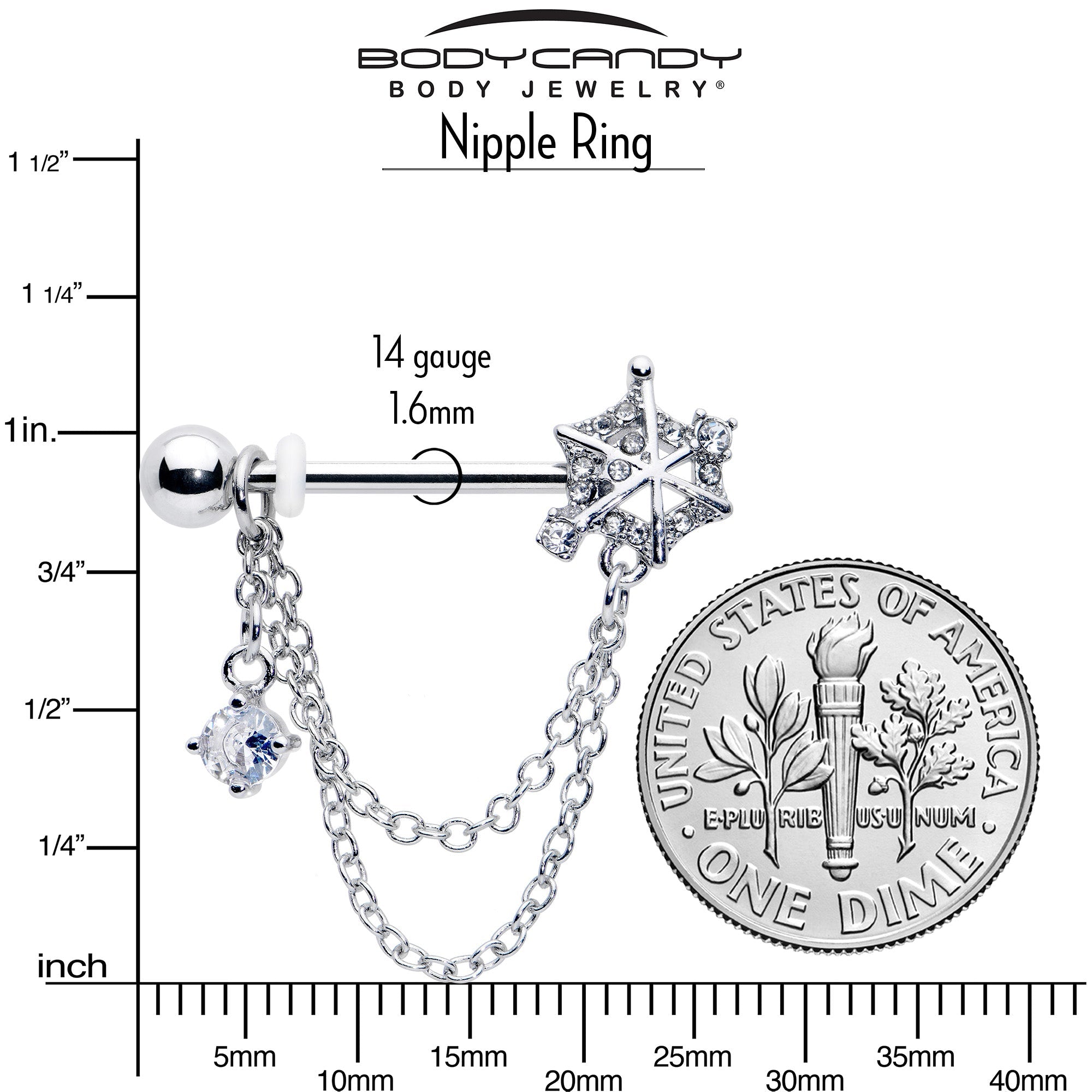 BodyCandy 14G 9/16 Clear CZ Gem Spiderweb Chain Dangle Nipple Ring Set — back view