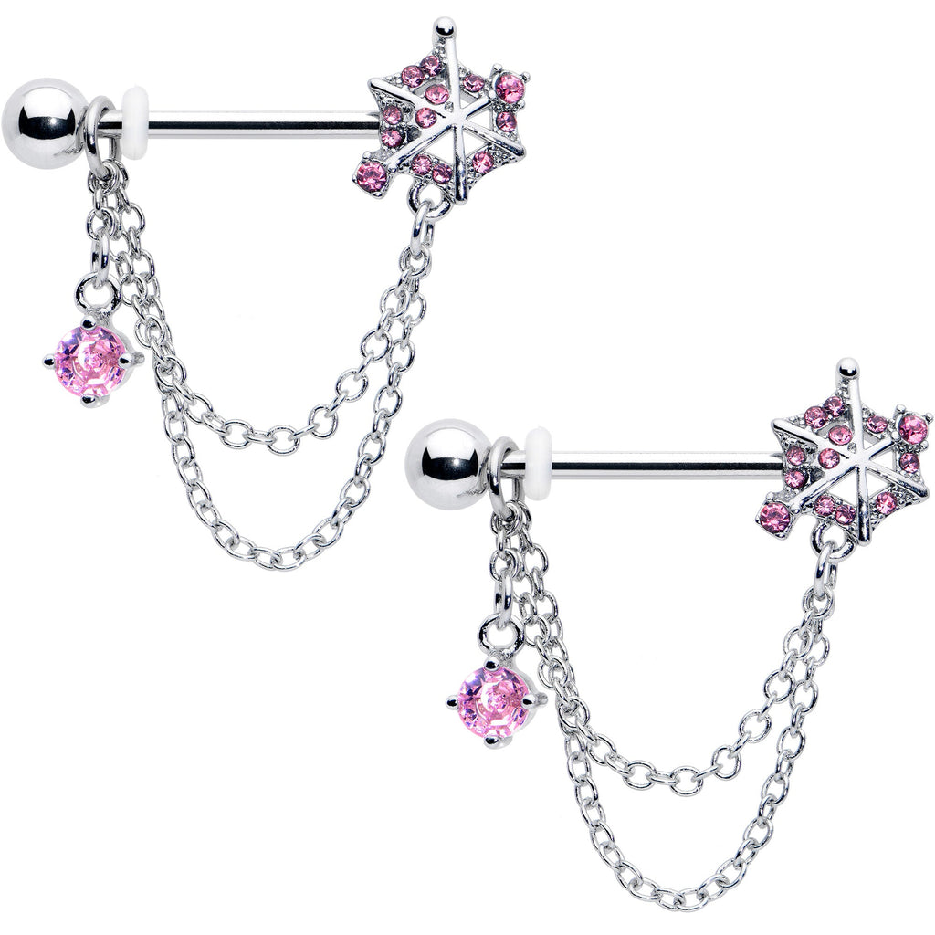 BodyCandy 14G 9/16 Pink CZ Gem Spiderweb Chain Dangle Nipple Ring Set — main product shot