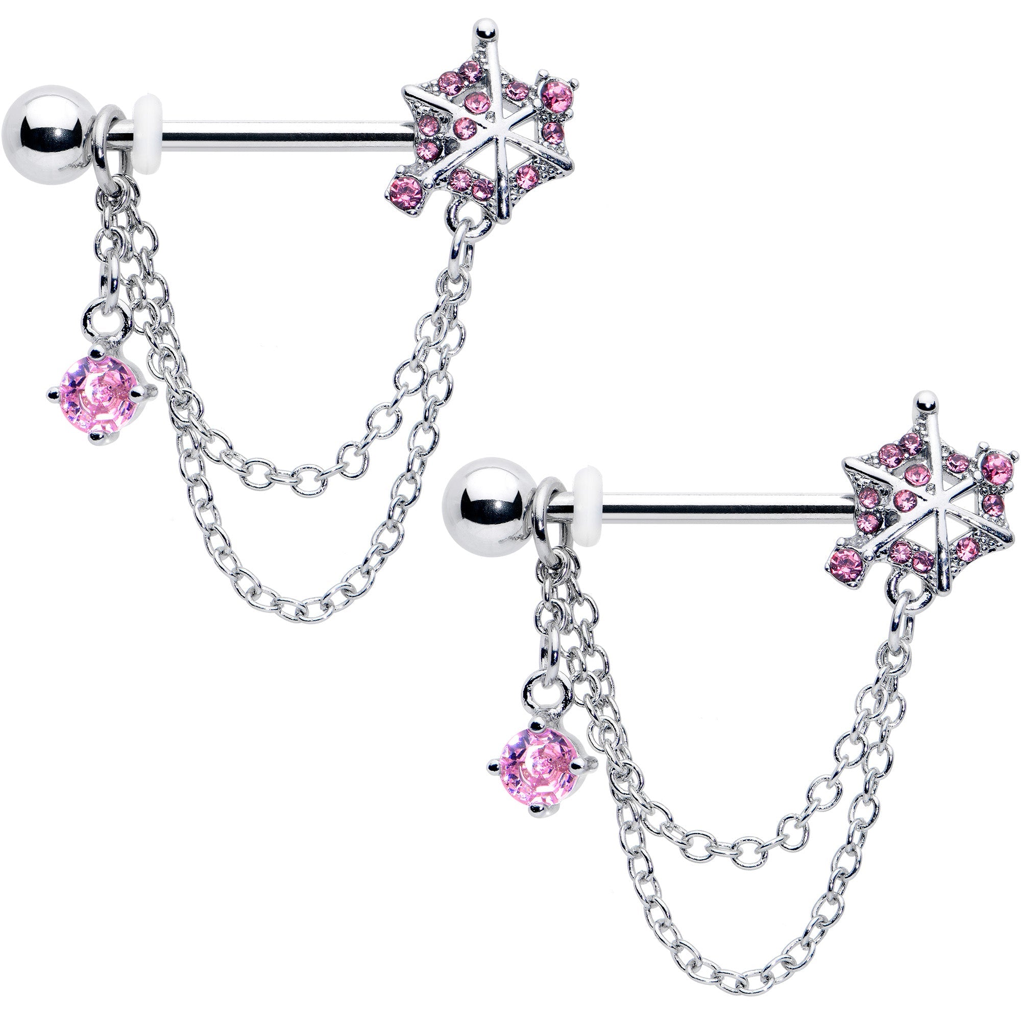 BodyCandy 14G 9/16 Pink CZ Gem Spiderweb Chain Dangle Nipple Ring Set — main product shot