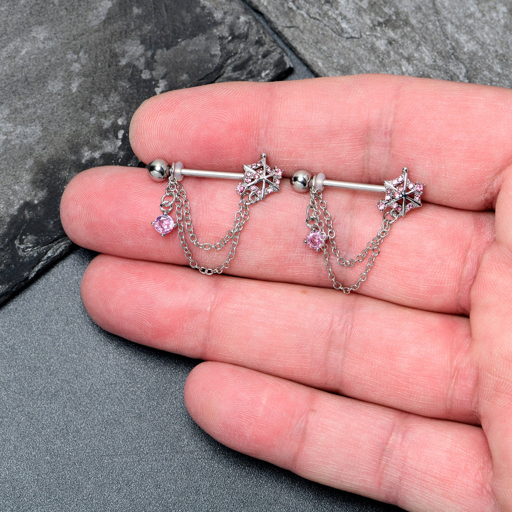 BodyCandy 14G 9/16 Pink CZ Gem Spiderweb Chain Dangle Nipple Ring Set — detail close-up