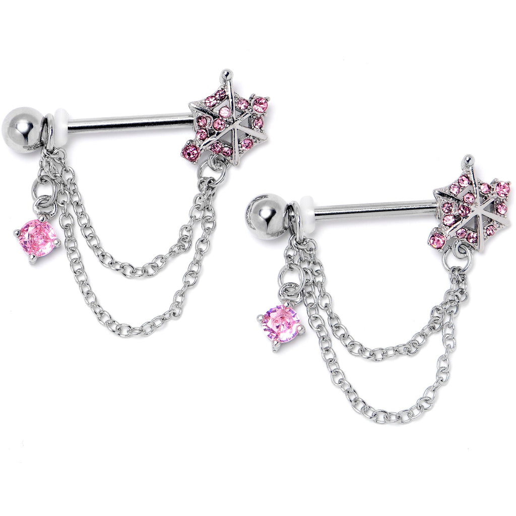 BodyCandy 14G 9/16 Pink CZ Gem Spiderweb Chain Dangle Nipple Ring Set — lifestyle context