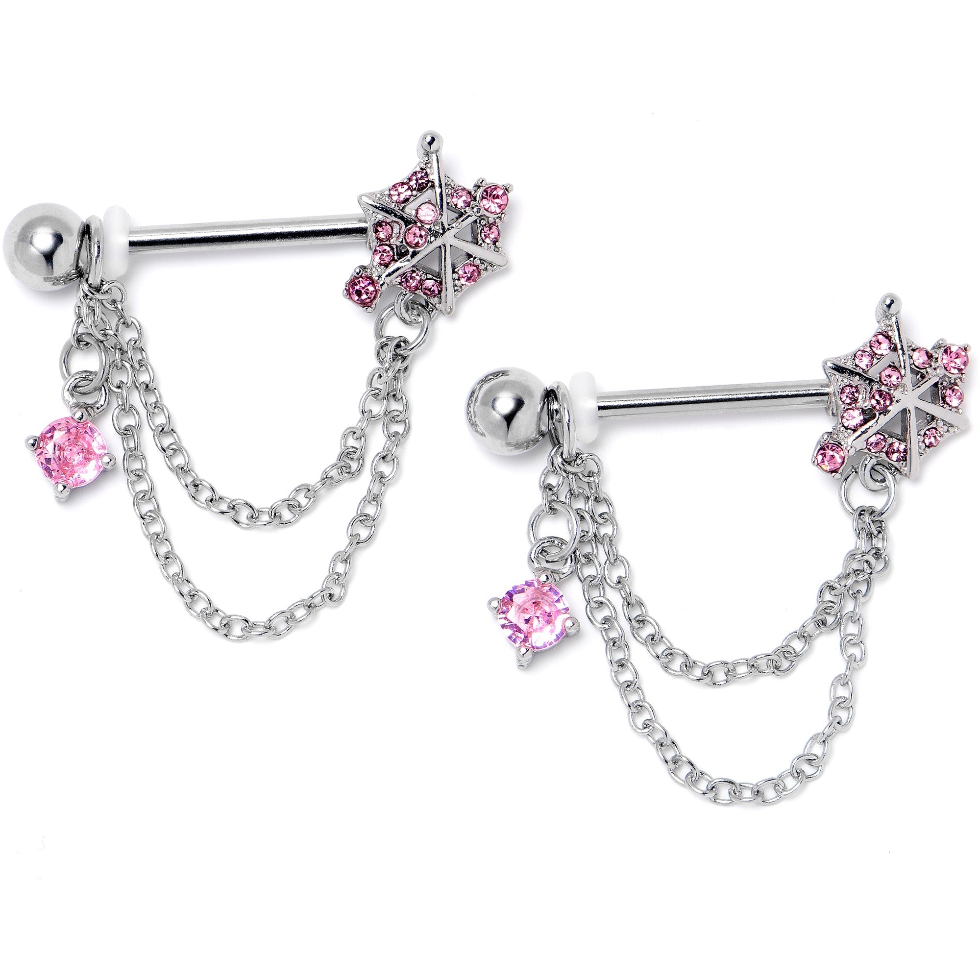 BodyCandy 14G 9/16 Pink CZ Gem Spiderweb Chain Dangle Nipple Ring Set — lifestyle context