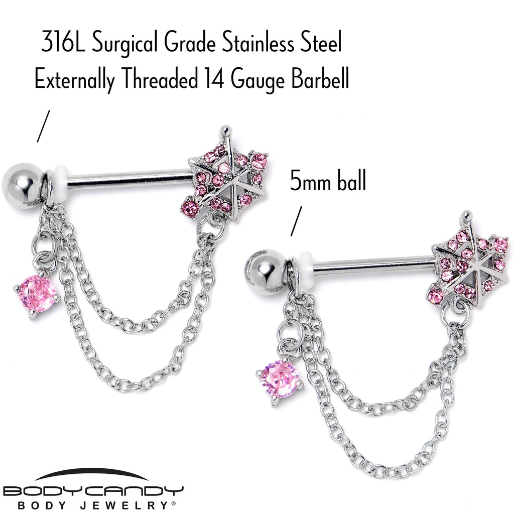 BodyCandy 14G 9/16 Pink CZ Gem Spiderweb Chain Dangle Nipple Ring Set — side view