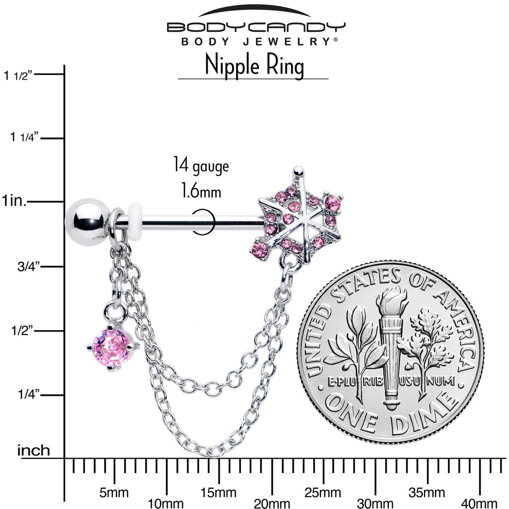 BodyCandy 14G 9/16 Pink CZ Gem Spiderweb Chain Dangle Nipple Ring Set — back view