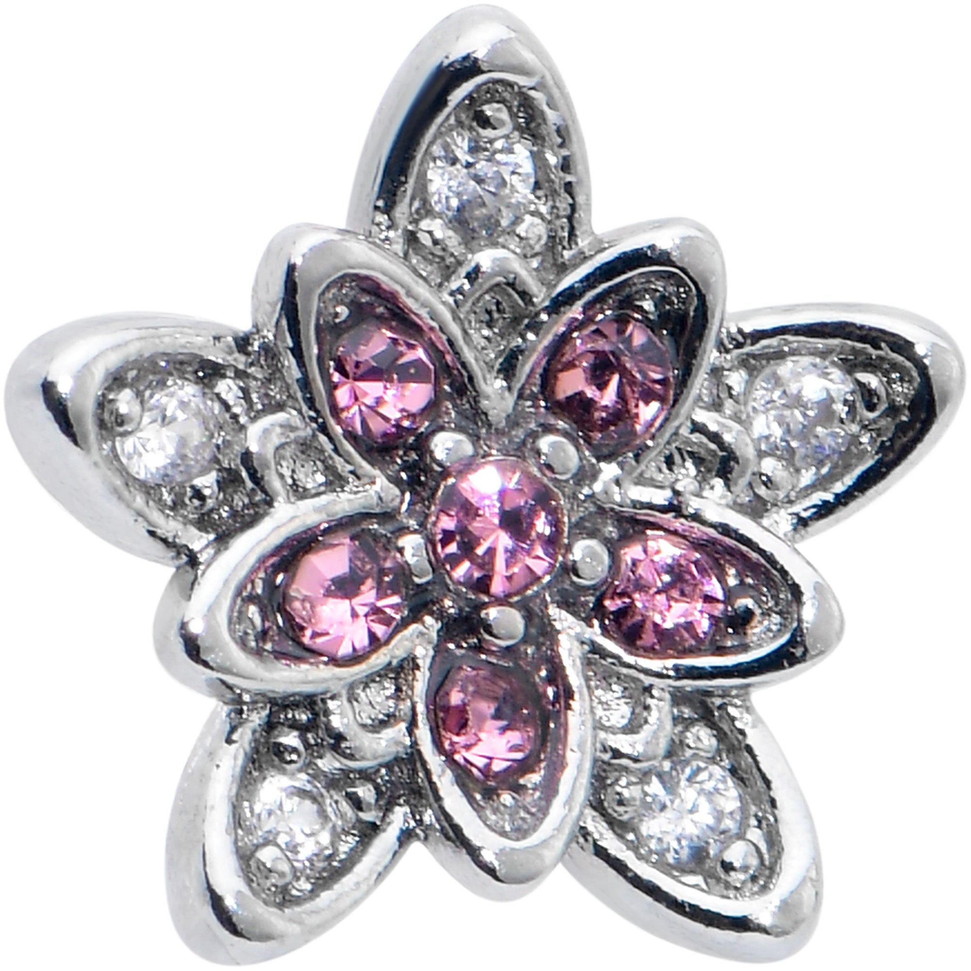BodyCandy 16G 5/16 Pink Clear CZ Gem Snowflake Flower Labret Monroe Tragus — detail close-up