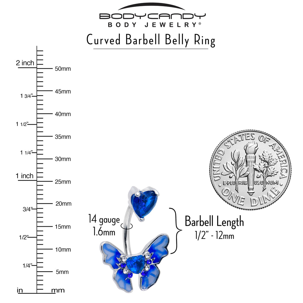 BodyCandy Blue CZ Gem Butterfly Love Heart Double Mount Belly Ring — detail close-up