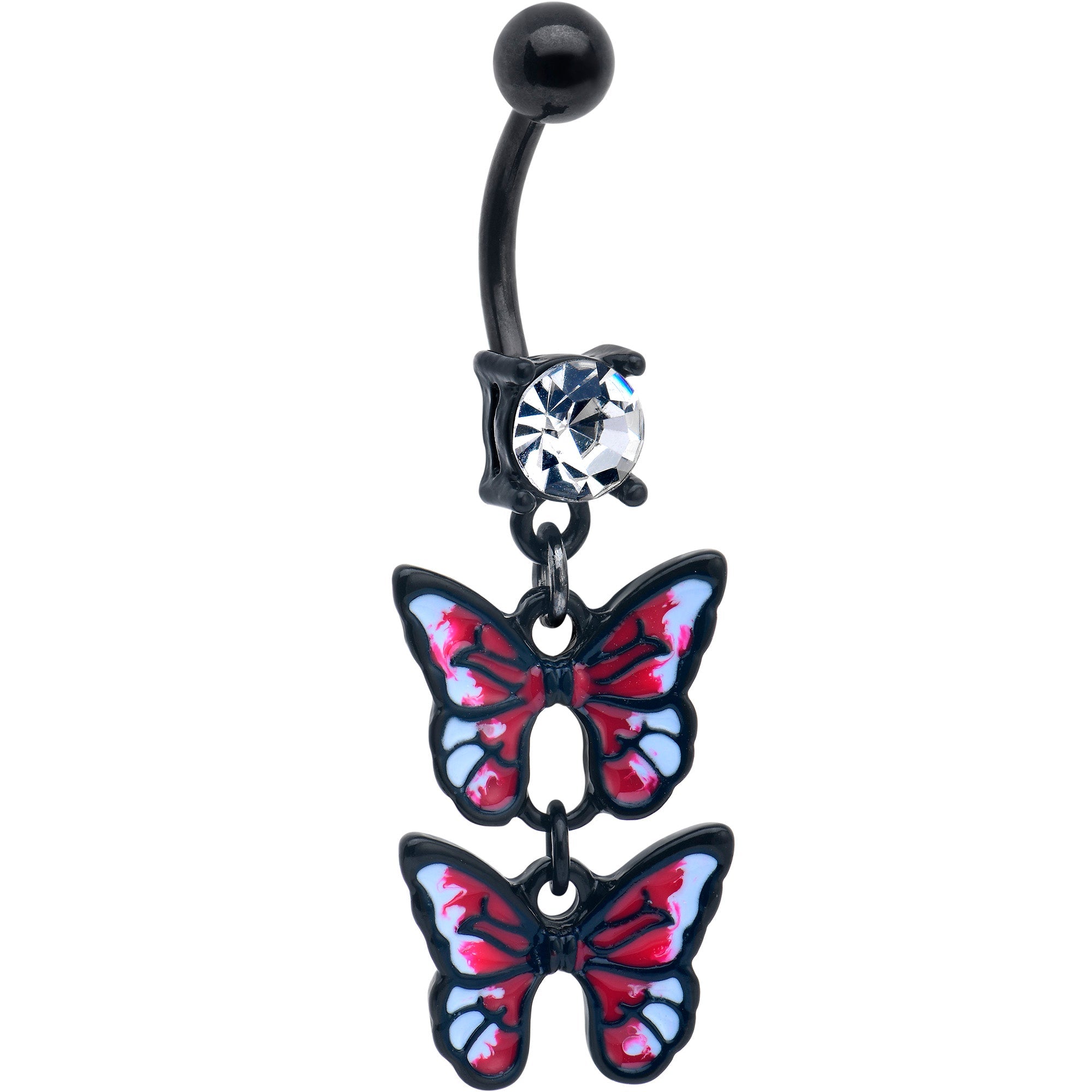 BodyCandy Clear CZ Gem Black Butterfly Duo Red Dangle Belly Ring — main product shot