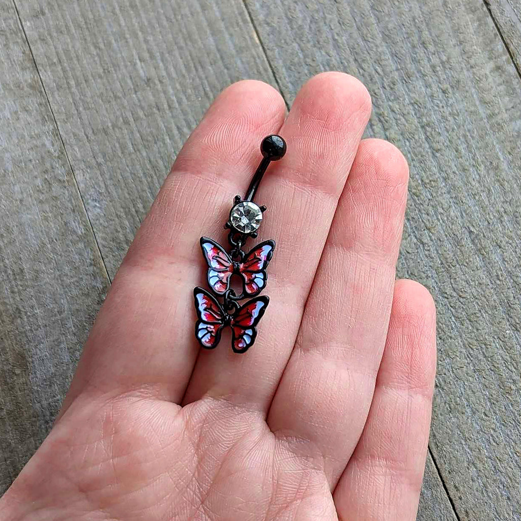 BodyCandy Clear CZ Gem Black Butterfly Duo Red Dangle Belly Ring — detail close-up
