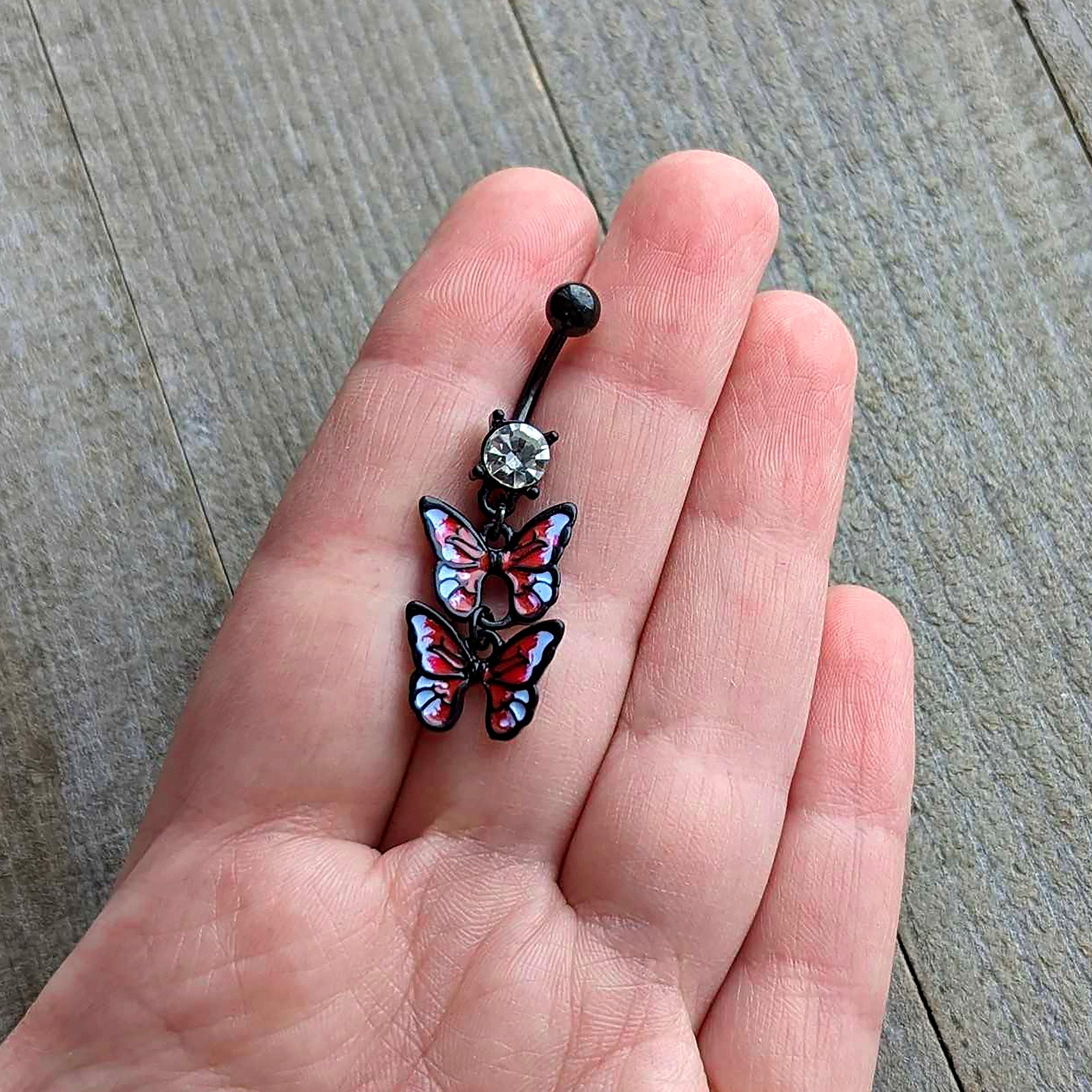 BodyCandy Clear CZ Gem Black Butterfly Duo Red Dangle Belly Ring — detail close-up