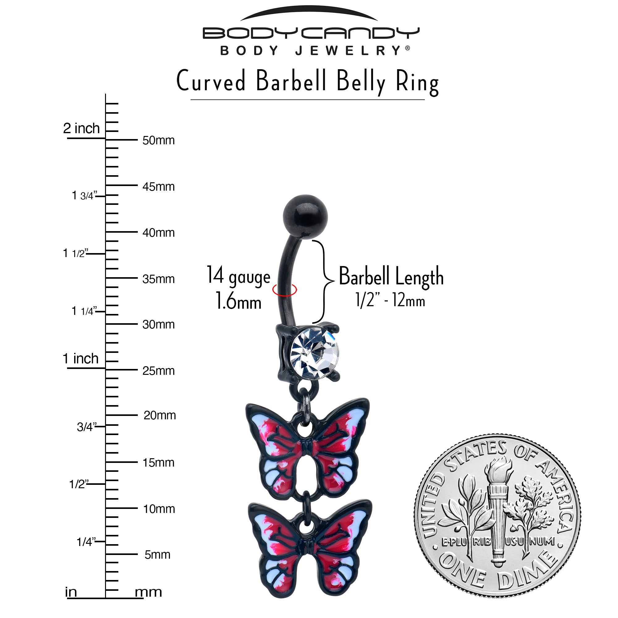 BodyCandy Clear CZ Gem Black Butterfly Duo Red Dangle Belly Ring — lifestyle context