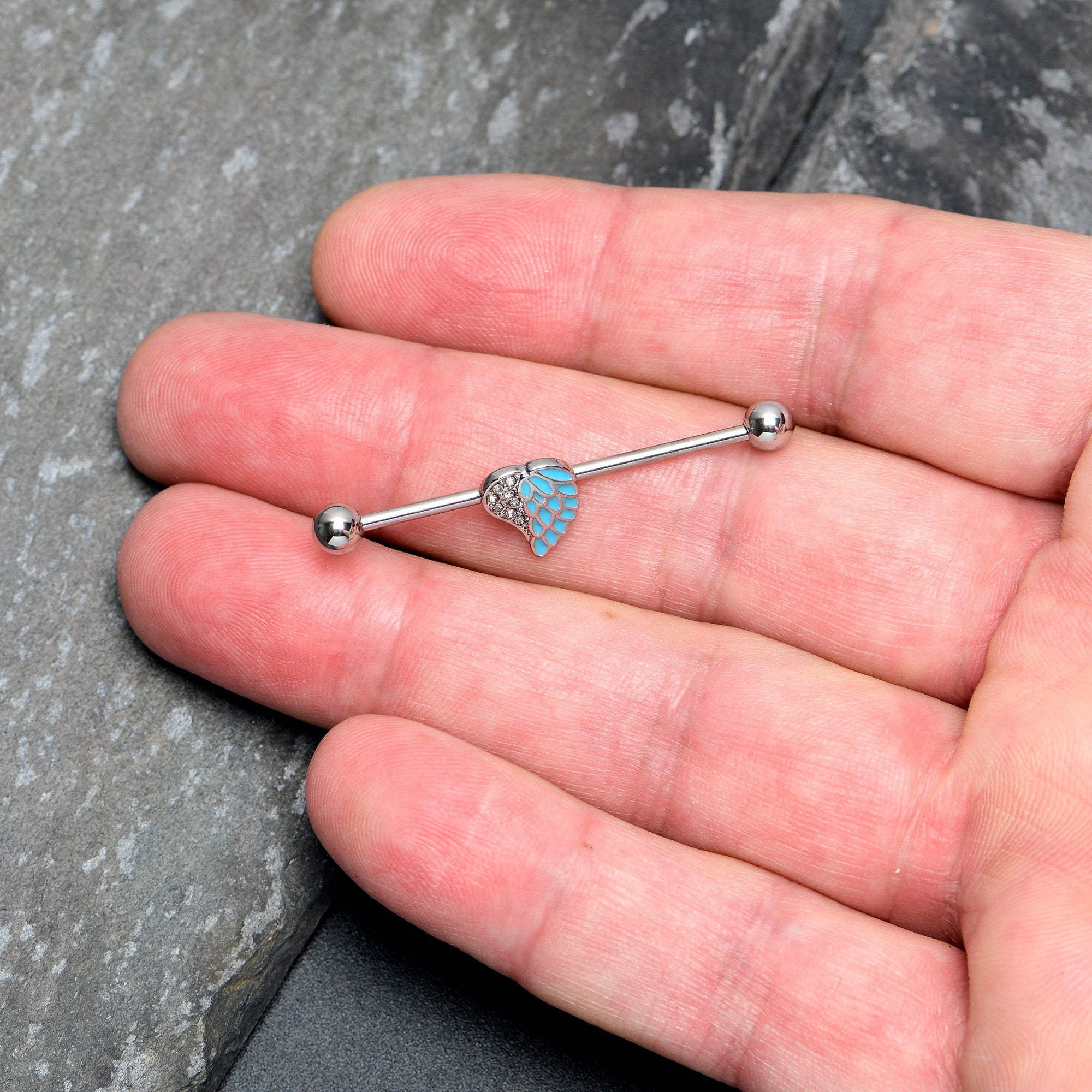 BodyCandy 14G Blue Heavenly Heart Angel Wings Industrial Barbell 38mm — lifestyle context