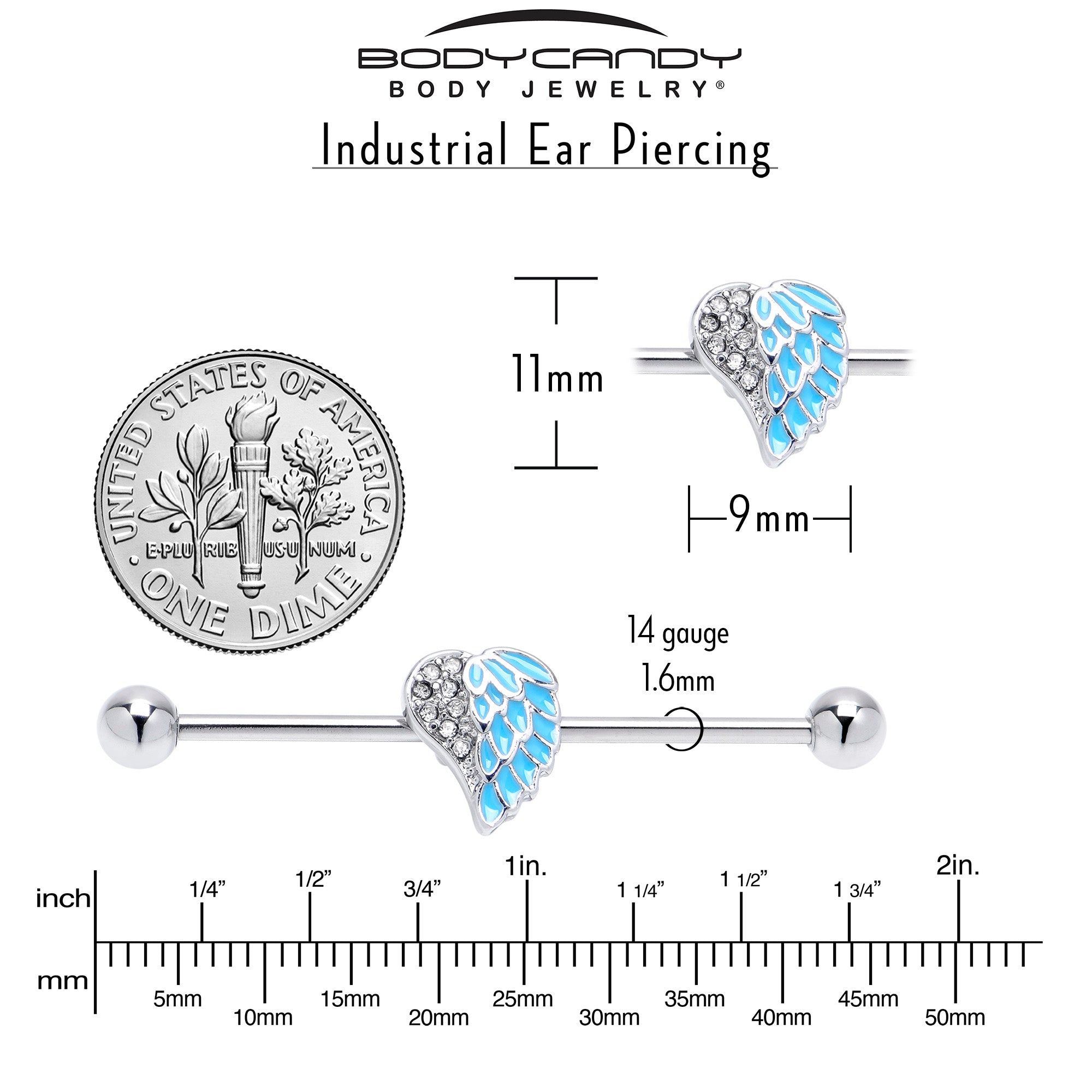 BodyCandy 14G Blue Heavenly Heart Angel Wings Industrial Barbell 38mm — side view