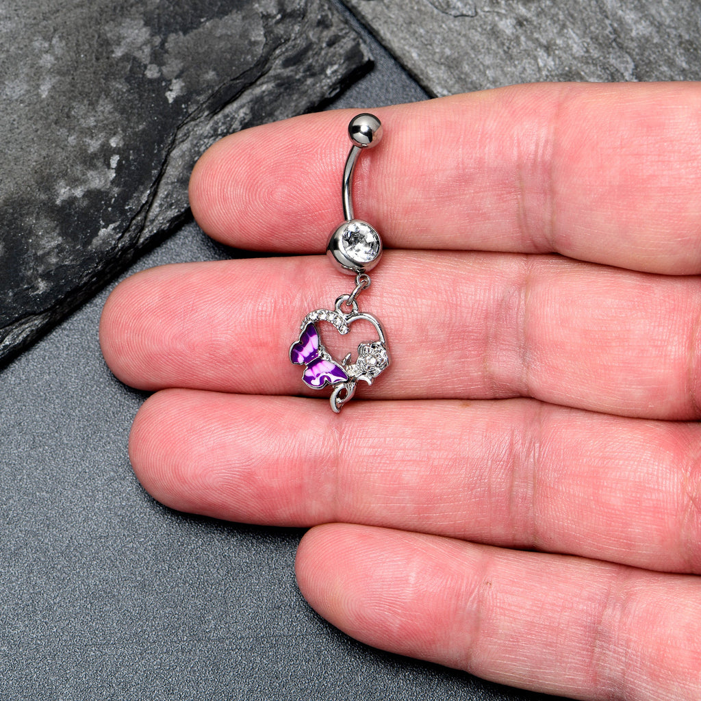 BodyCandy Clear Gem Butterfly Rose Flower Purple Dangle Belly Ring — detail close-up