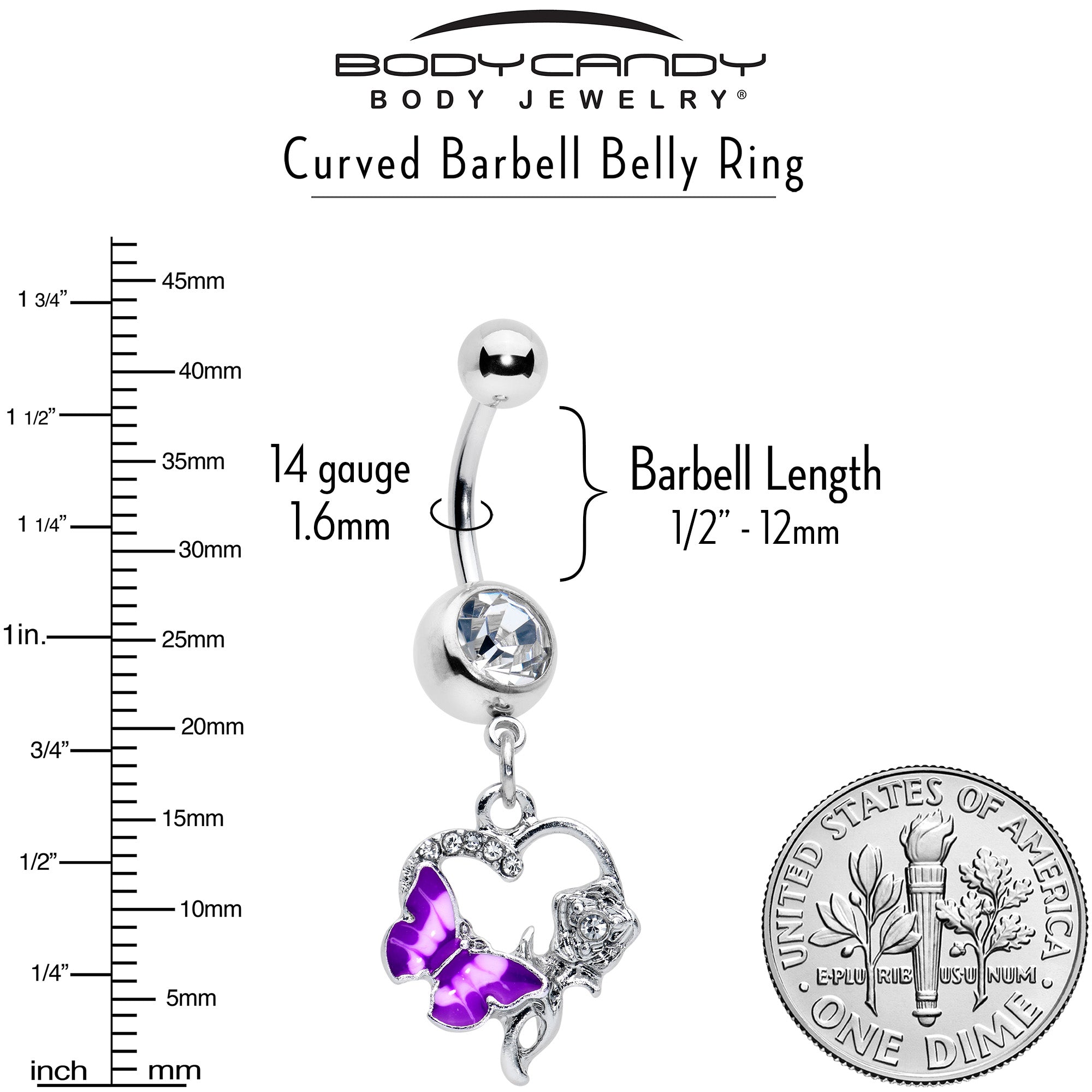 BodyCandy Clear Gem Butterfly Rose Flower Purple Dangle Belly Ring — back view