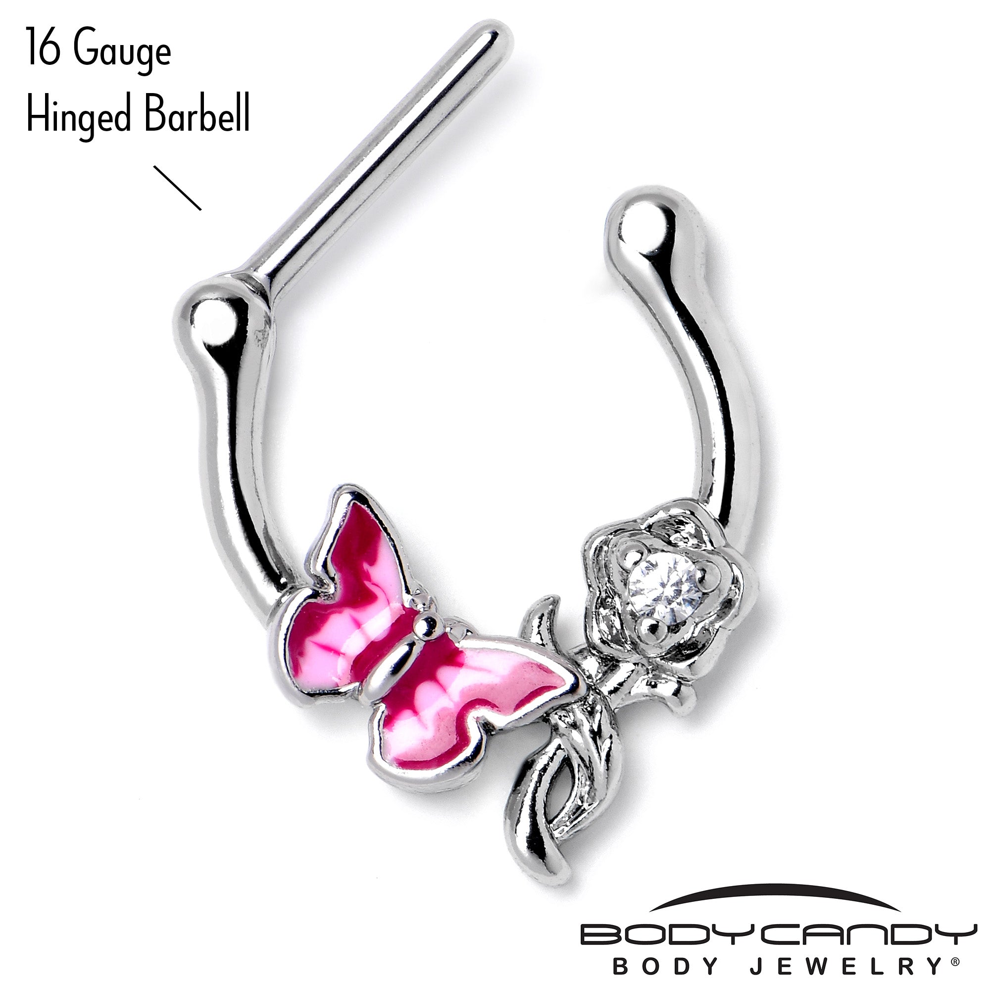 BodyCandy 16G 5/6 Clear CZ Gem Butterfly Rose Flower Pink Cartilage Clicker — side view