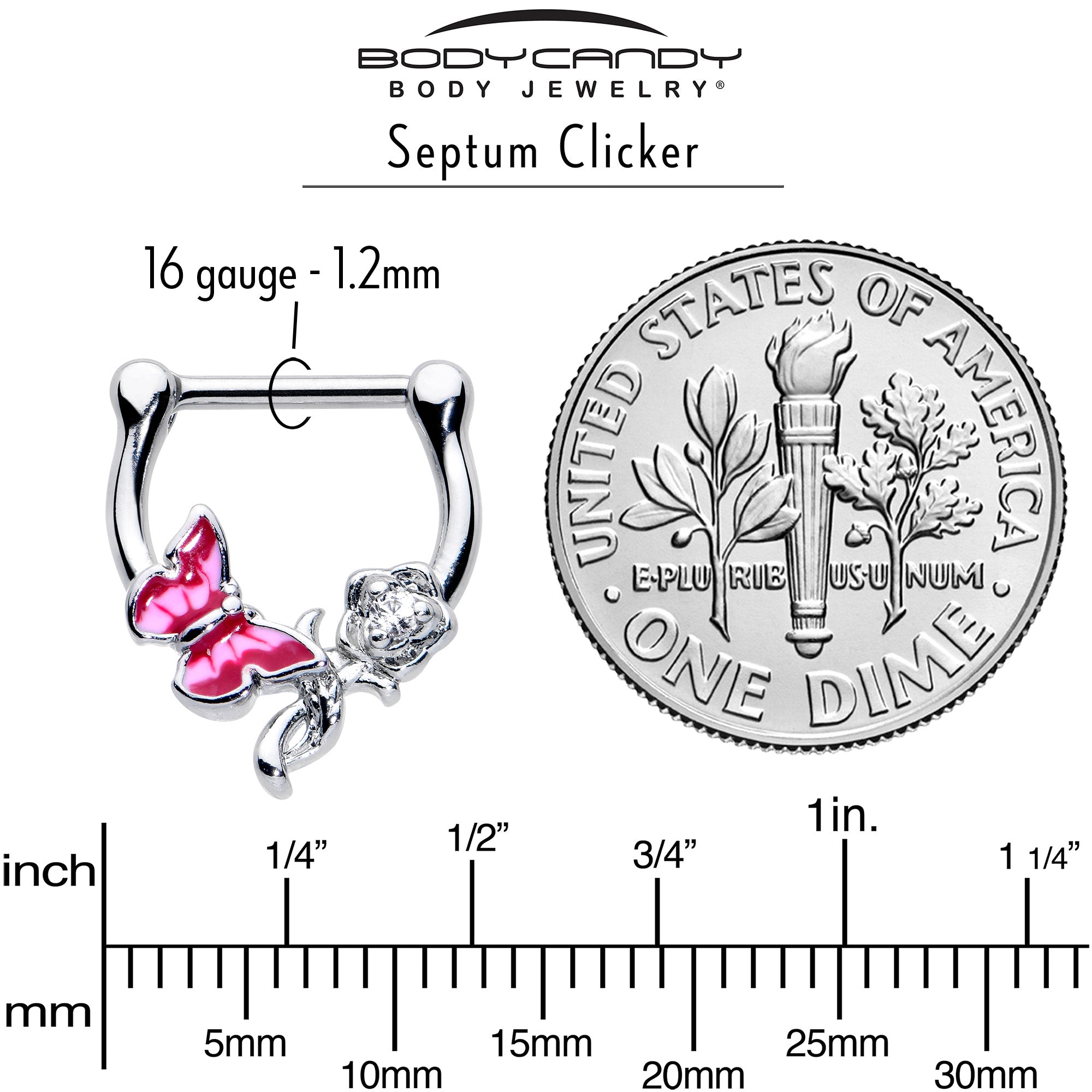 BodyCandy 16G 5/6 Clear CZ Gem Butterfly Rose Flower Pink Cartilage Clicker — back view