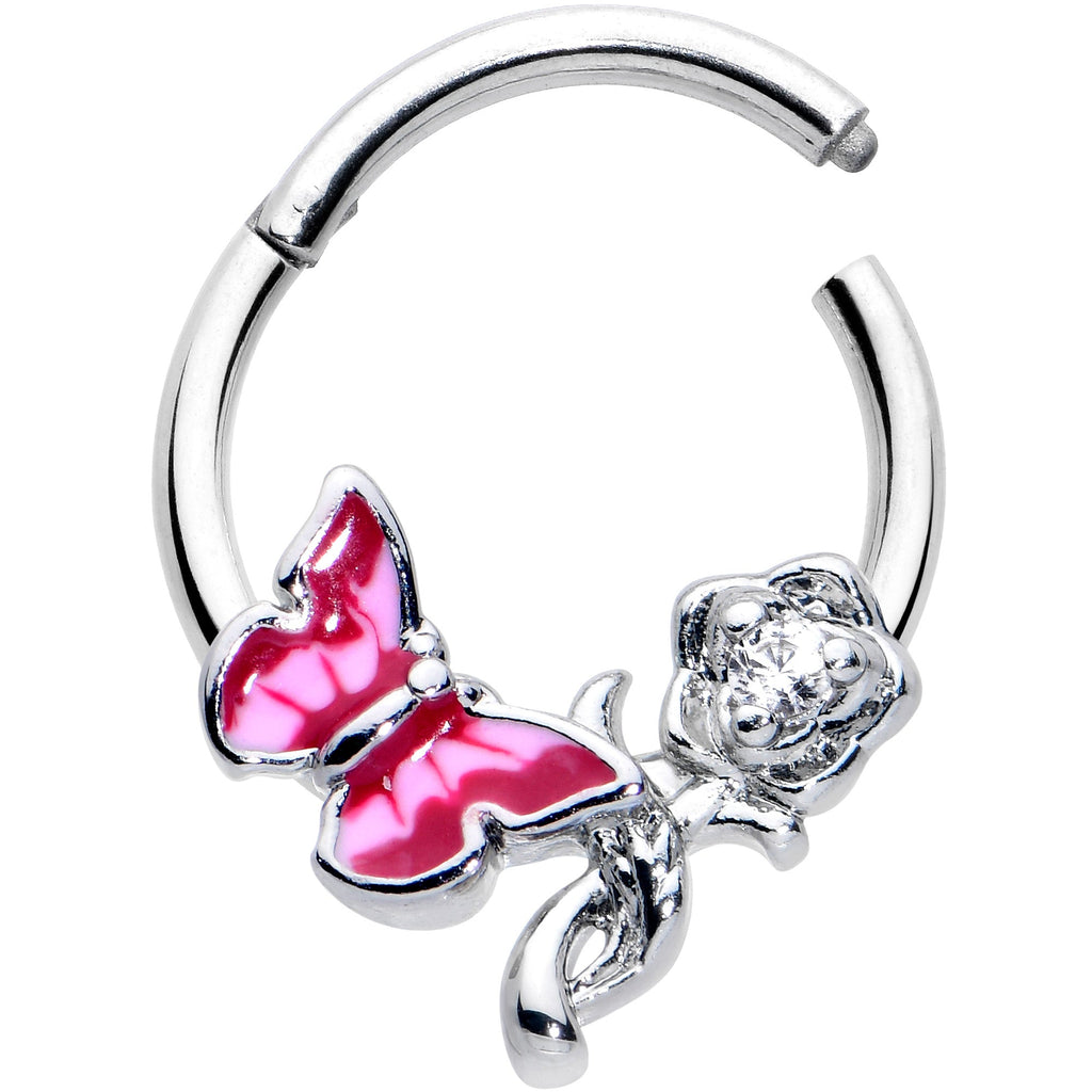 BodyCandy 16G 3/8 Clear CZ Gem Butterfly Rose Flower Pink Hinged Segment Ring — detail close-up