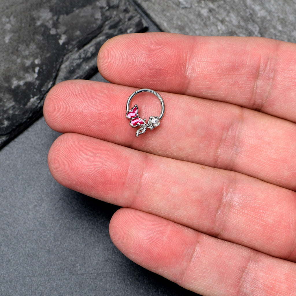 BodyCandy 16G 3/8 Clear CZ Gem Butterfly Rose Flower Pink Hinged Segment Ring — lifestyle context