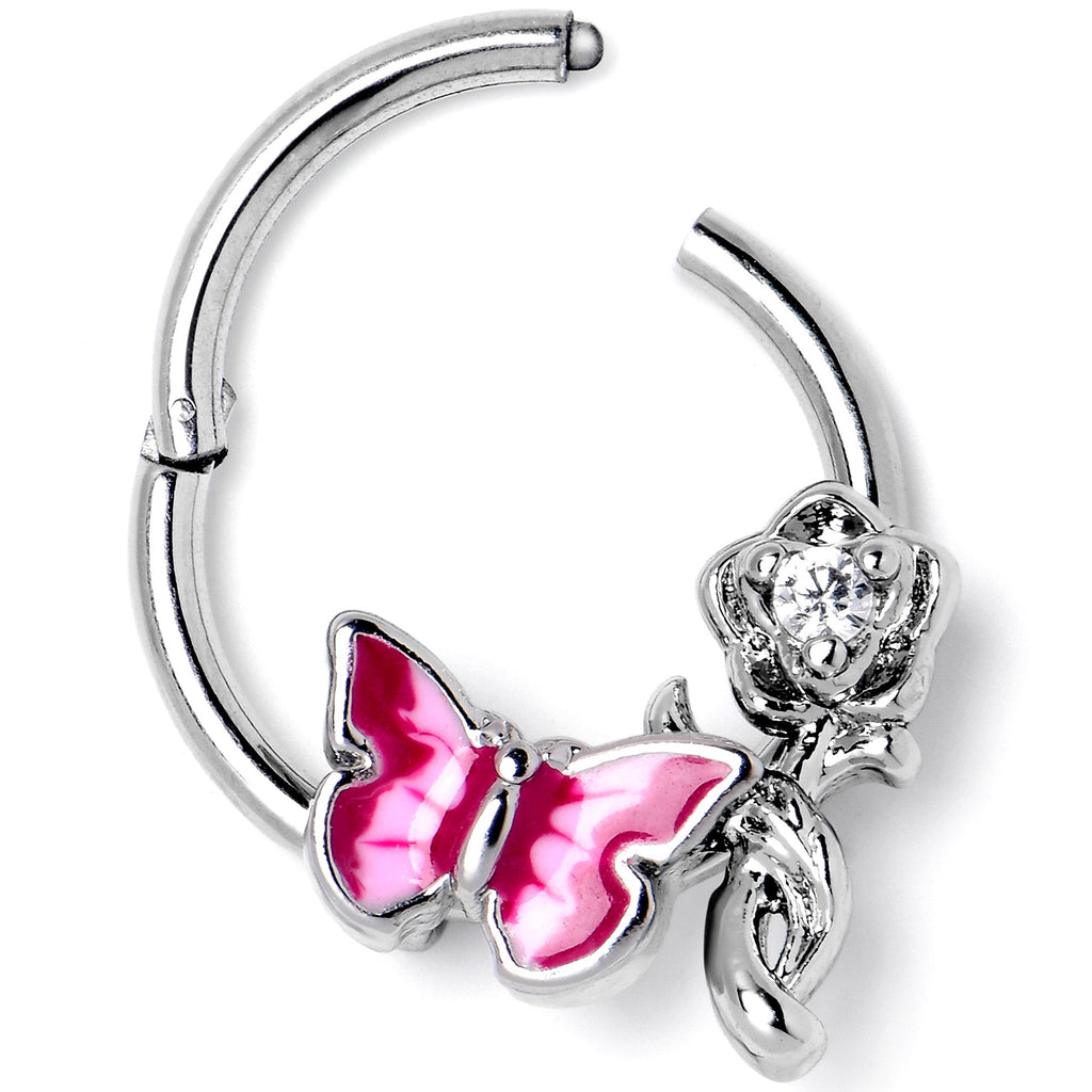BodyCandy 16G 3/8 Clear CZ Gem Butterfly Rose Flower Pink Hinged Segment Ring — side view