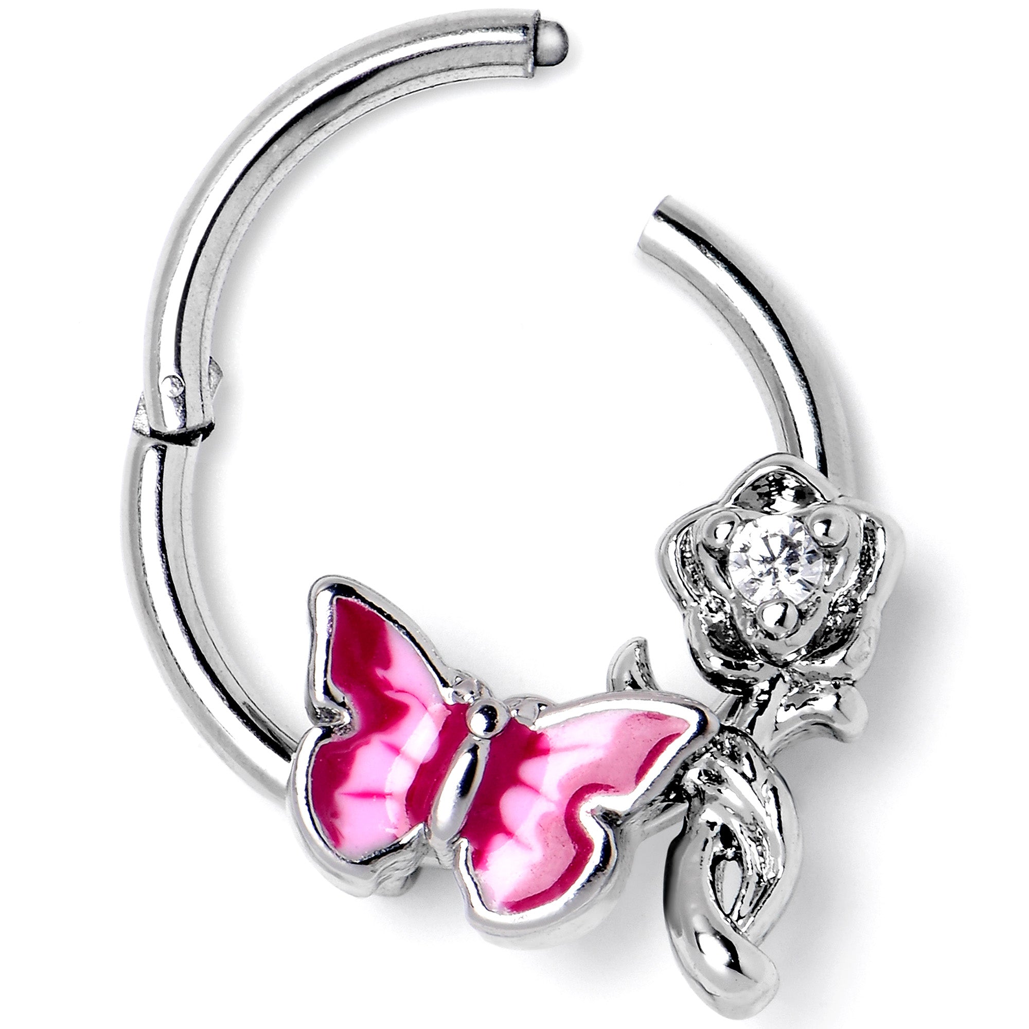 BodyCandy 16G 3/8 Clear CZ Gem Butterfly Rose Flower Pink Hinged Segment Ring — side view