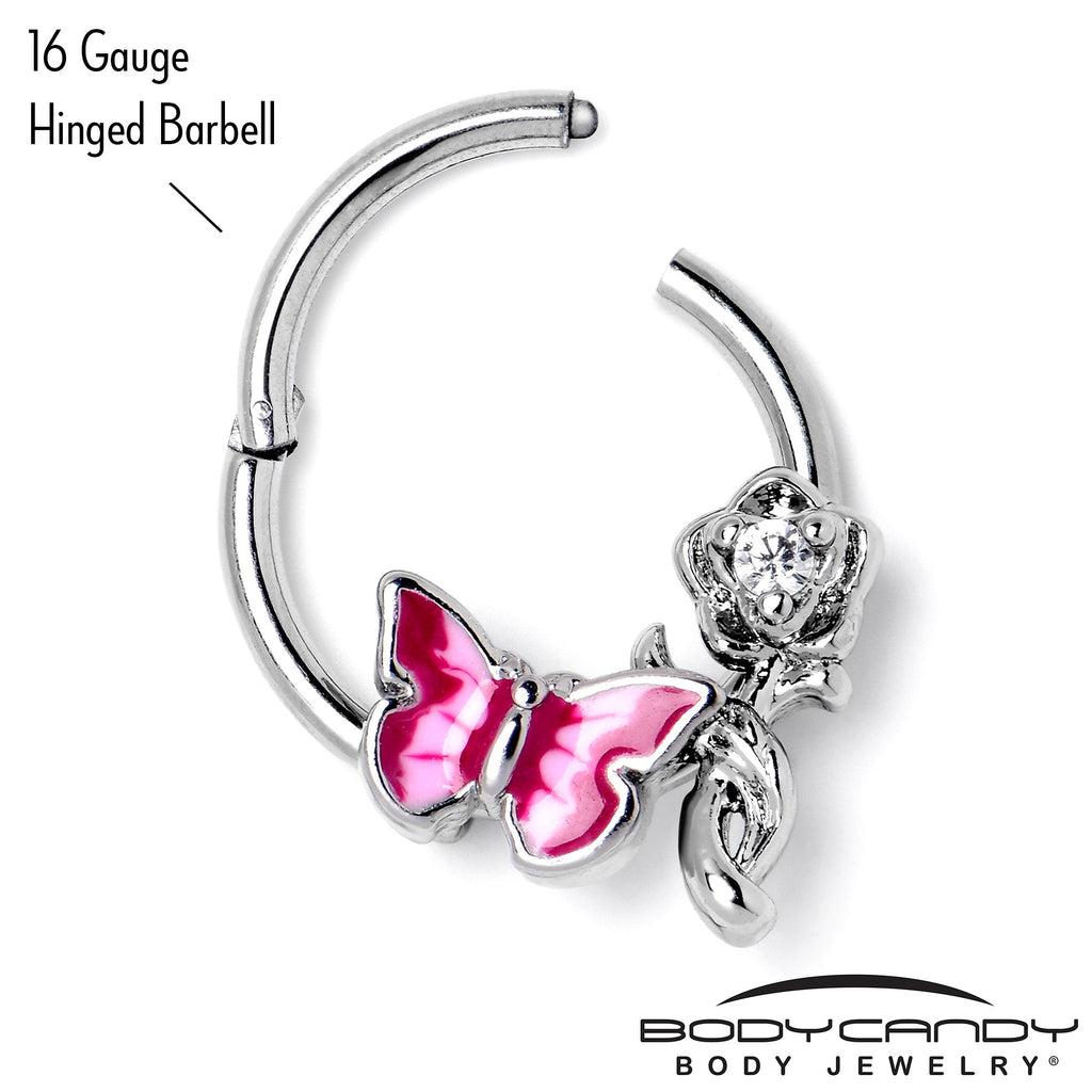 BodyCandy 16G 3/8 Clear CZ Gem Butterfly Rose Flower Pink Hinged Segment Ring — back view