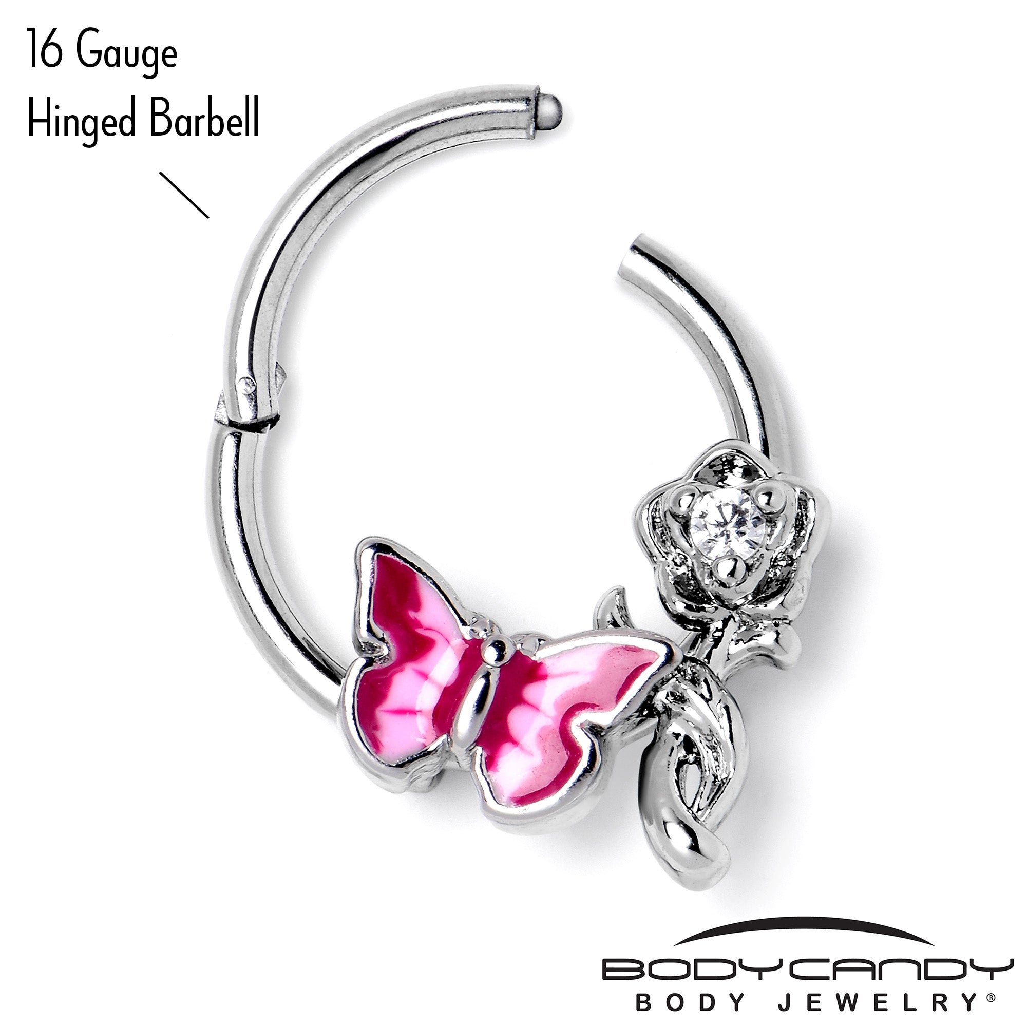 BodyCandy 16G 3/8 Clear CZ Gem Butterfly Rose Flower Pink Hinged Segment Ring — back view