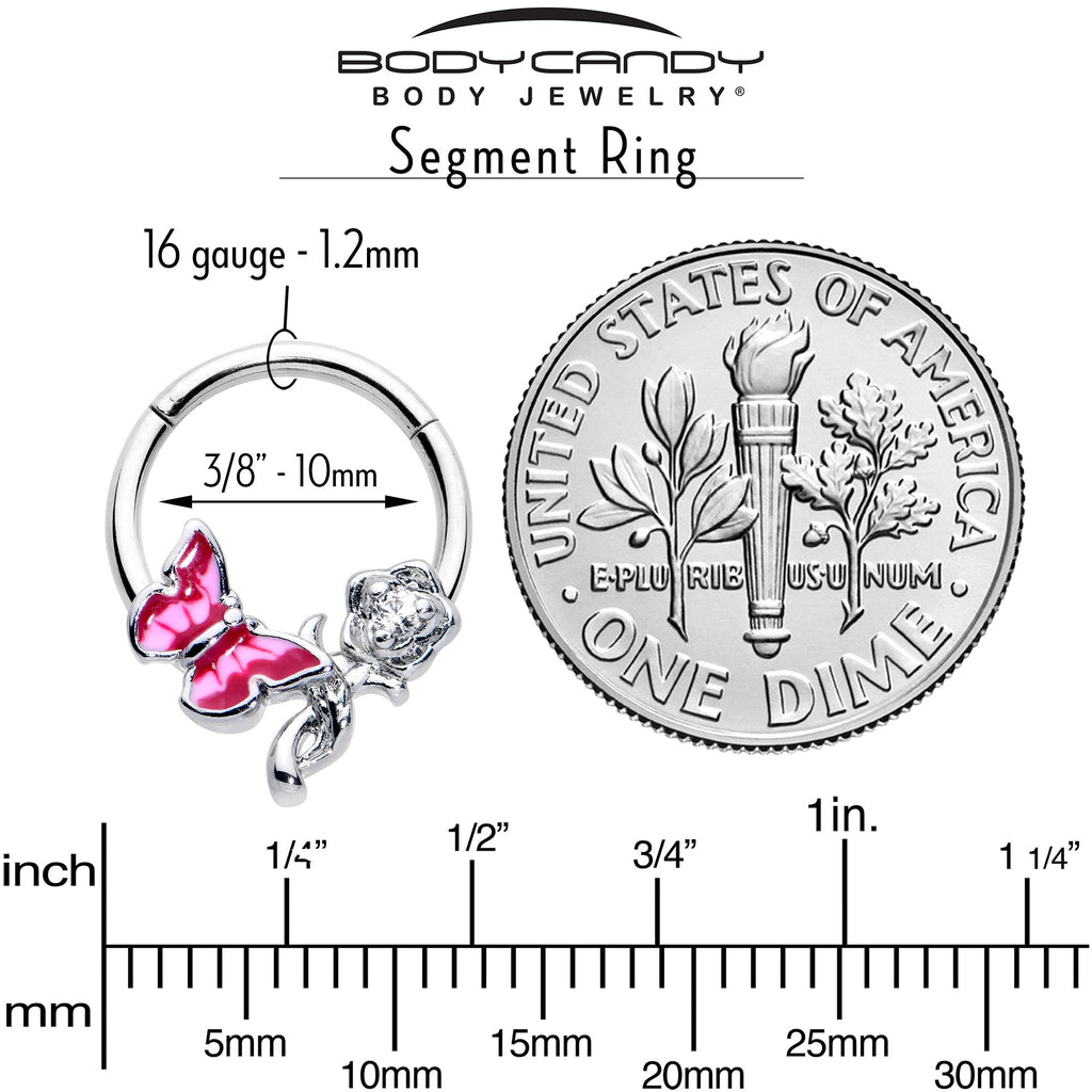 BodyCandy 16G 3/8 Clear CZ Gem Butterfly Rose Flower Pink Hinged Segment Ring — alternative angle