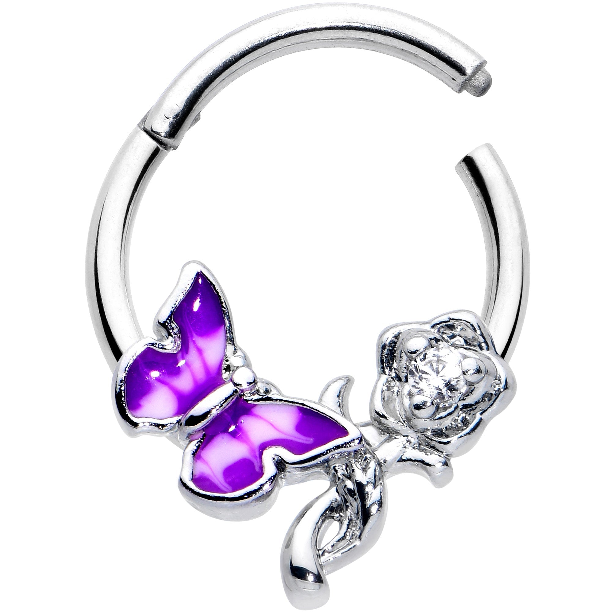 BodyCandy 16G 3/8 Clear CZ Gem Butterfly Rose Purple Hinged Segment Ring — detail close-up