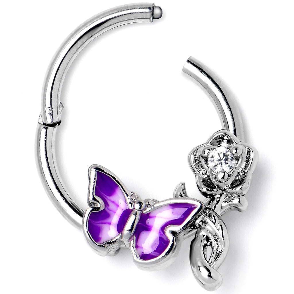 BodyCandy 16G 3/8 Clear CZ Gem Butterfly Rose Purple Hinged Segment Ring — side view