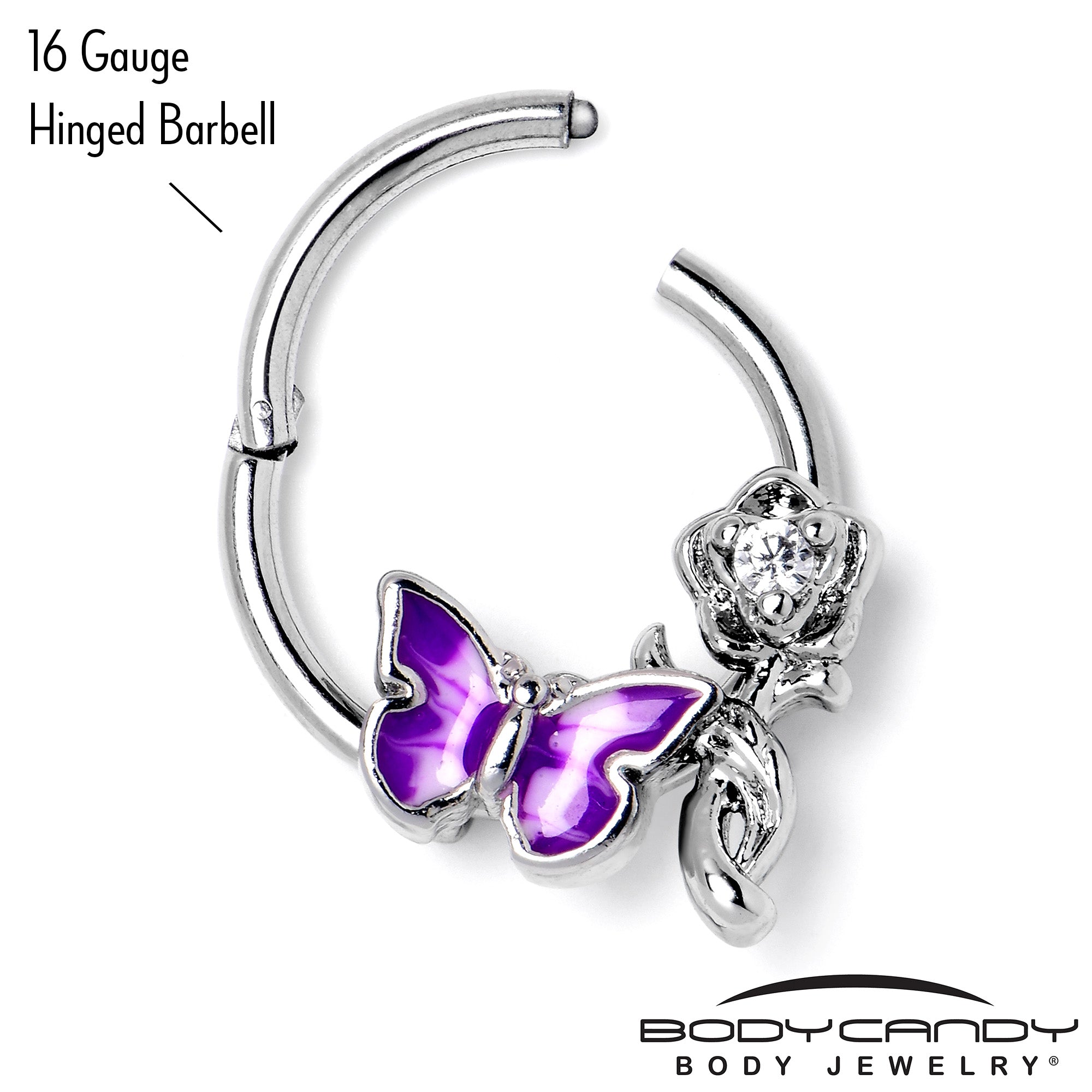 BodyCandy 16G 3/8 Clear CZ Gem Butterfly Rose Purple Hinged Segment Ring — back view