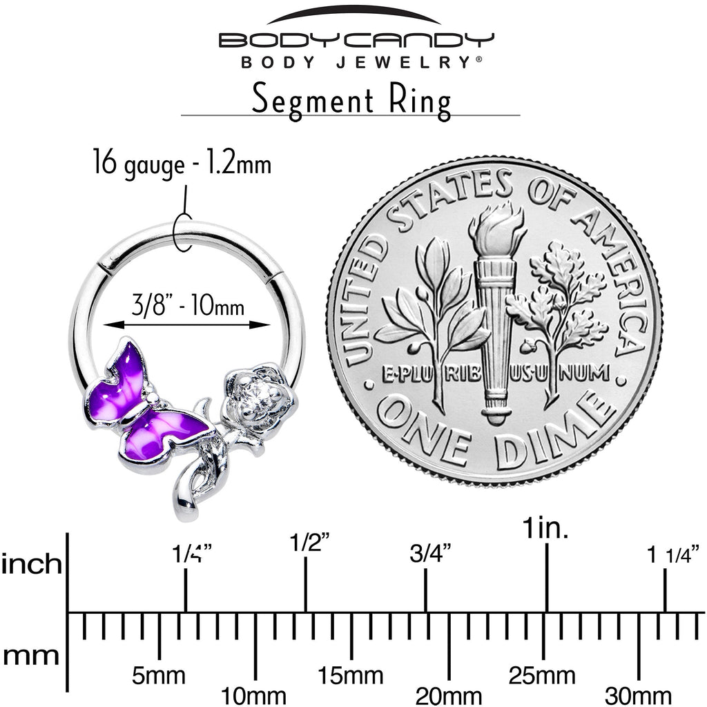 BodyCandy 16G 3/8 Clear CZ Gem Butterfly Rose Purple Hinged Segment Ring — alternative angle