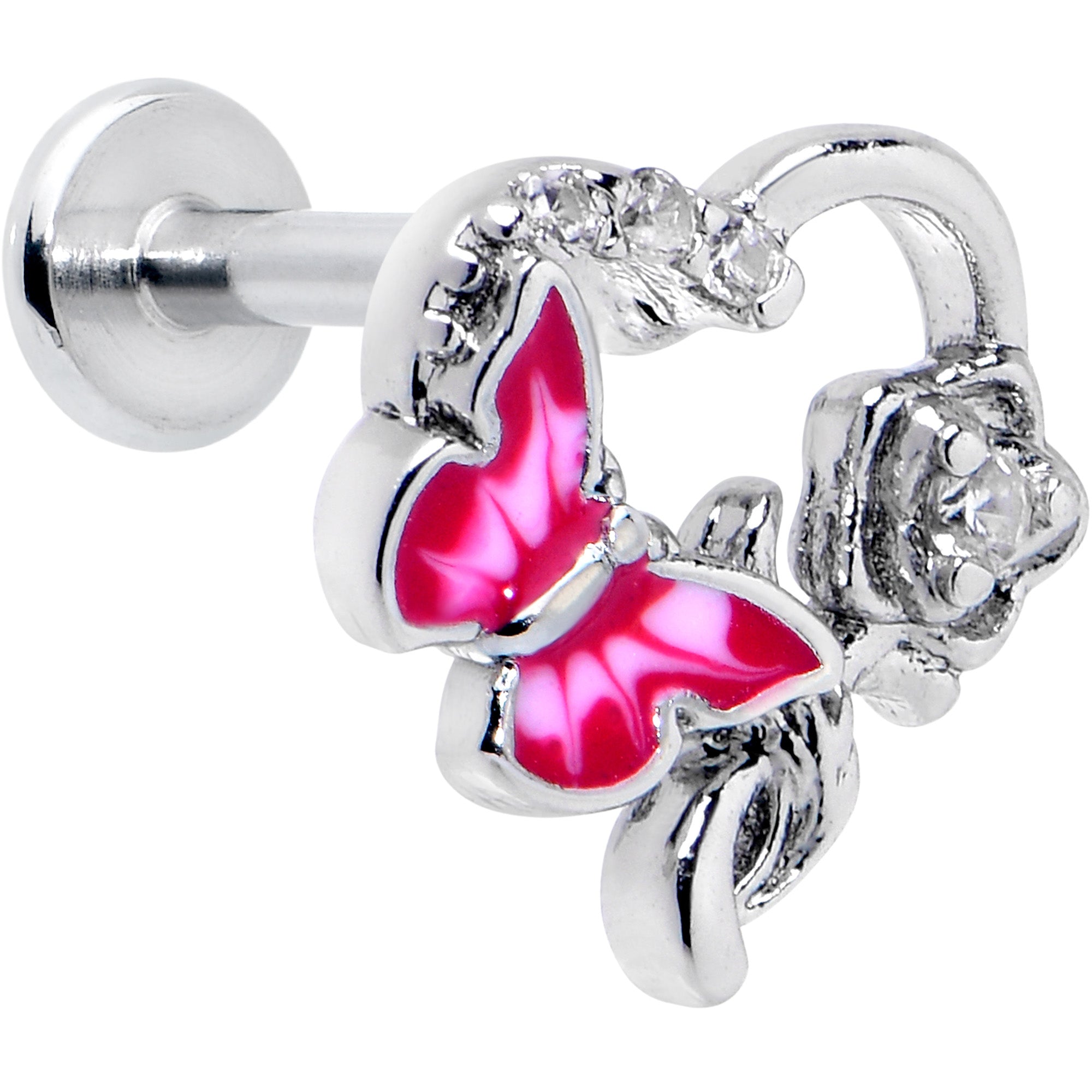 BodyCandy 16G 5/16 Clear CZ Gem Butterfly Rose Pink Internally Threaded Labret — main product shot