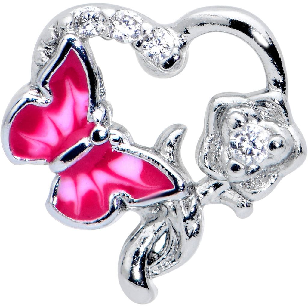 BodyCandy 16G 5/16 Clear CZ Gem Butterfly Rose Pink Internally Threaded Labret — detail close-up