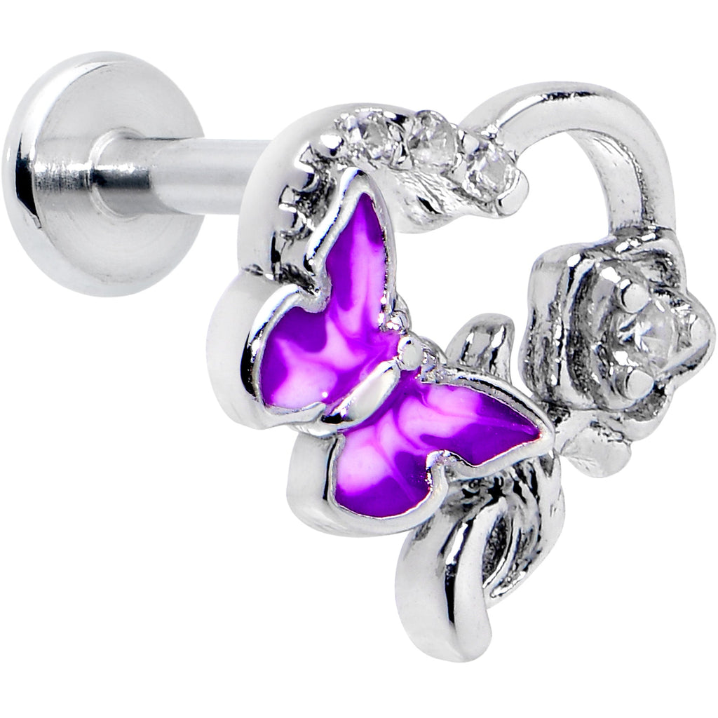 BodyCandy 16G 5/16 Clear CZ Gem Butterfly Rose Purple Internally Threaded Labret — main product shot