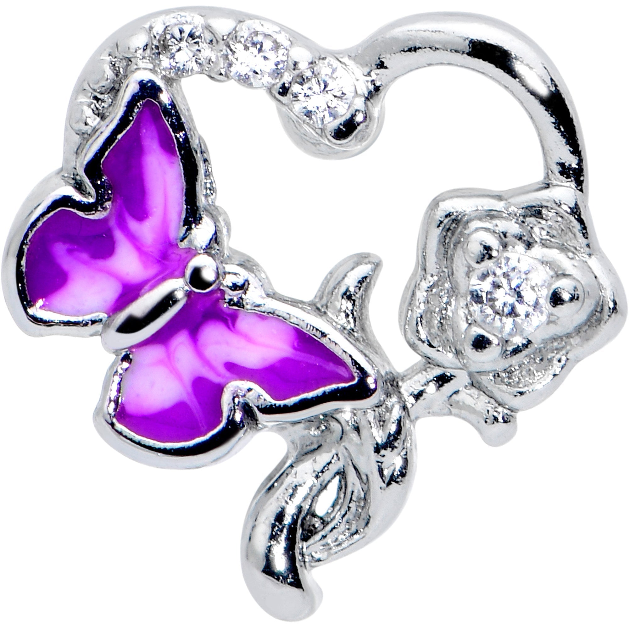 BodyCandy 16G 5/16 Clear CZ Gem Butterfly Rose Purple Internally Threaded Labret — detail close-up