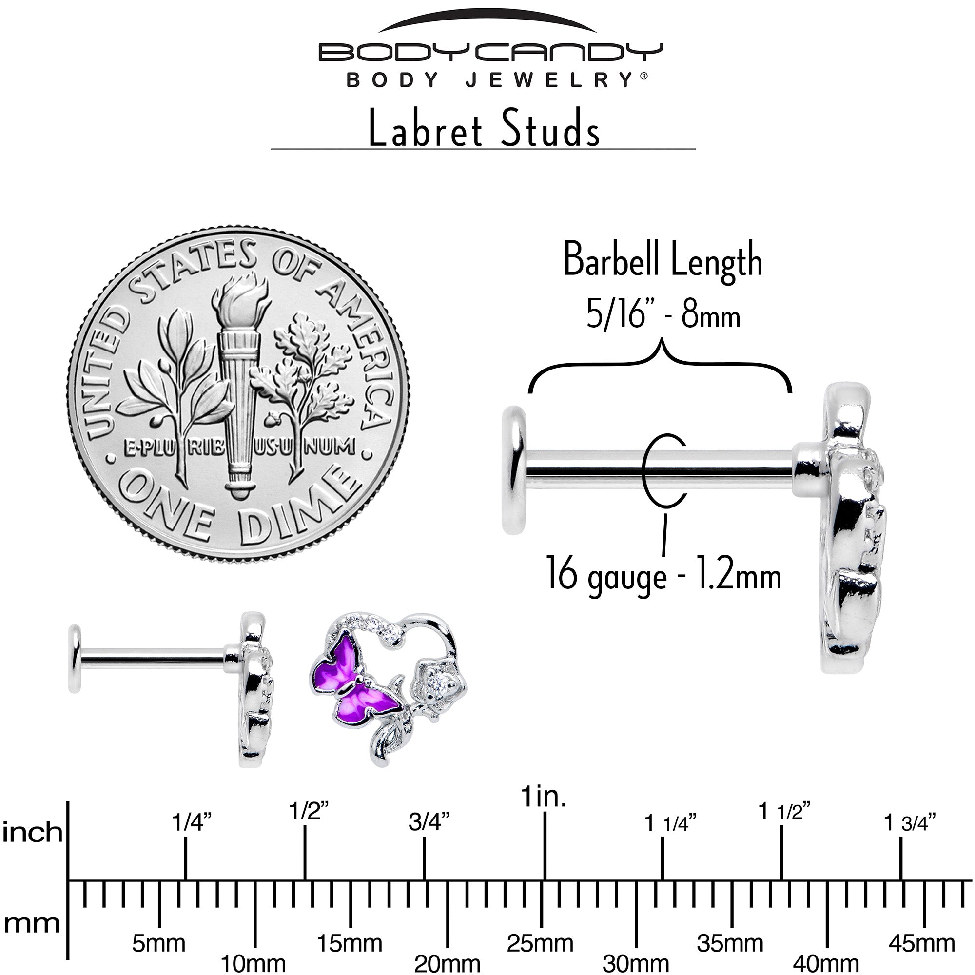 BodyCandy 16G 5/16 Clear CZ Gem Butterfly Rose Purple Internally Threaded Labret — alternative angle
