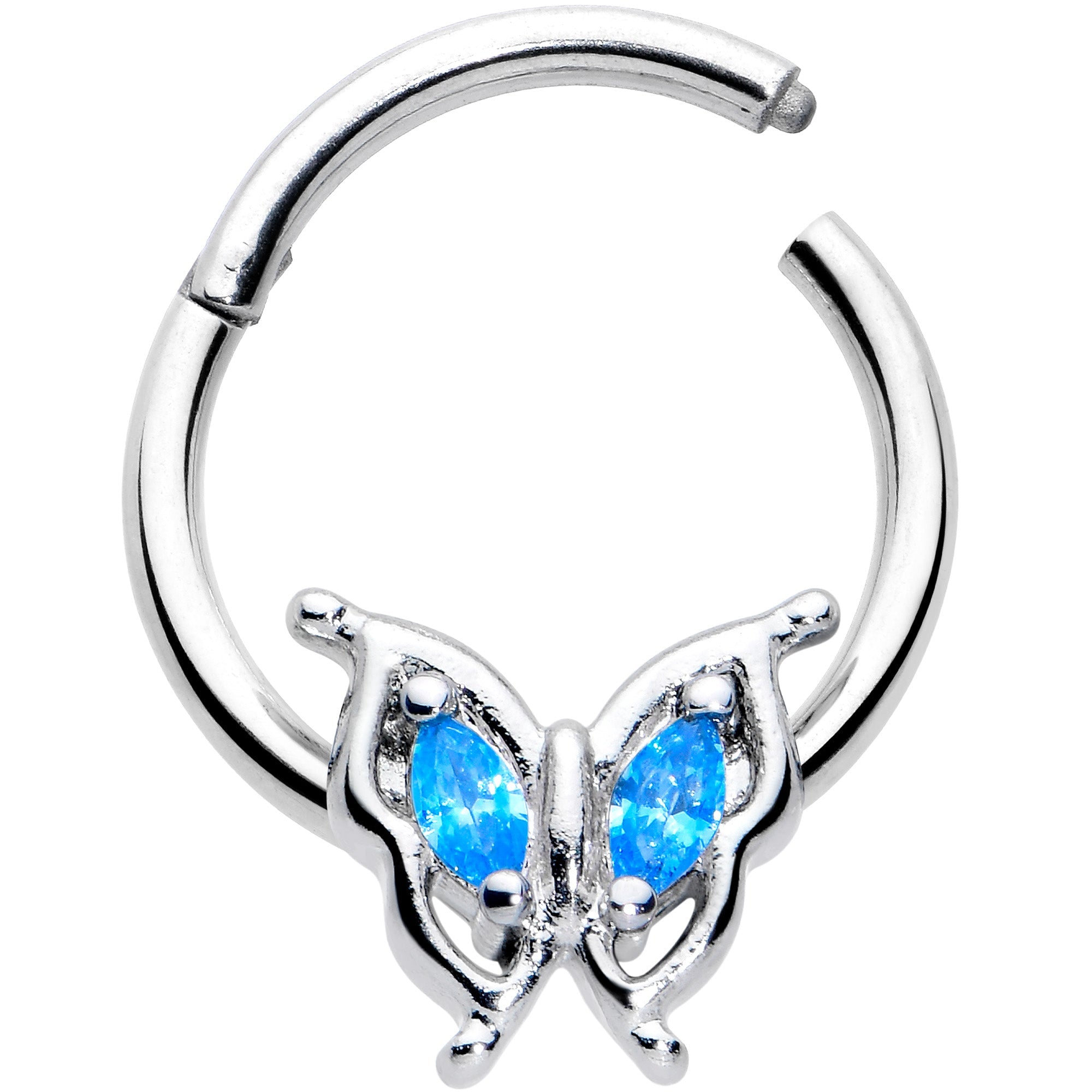 BodyCandy 16G 3/8 Blue Gem Fancy Fab Butterfly Hinged Segment Ring — detail close-up