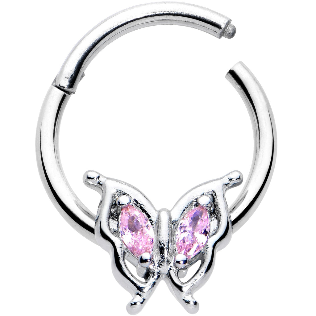BodyCandy 16G 3/8 Pink Gem Fancy Fab Butterfly Hinged Segment Ring — detail close-up