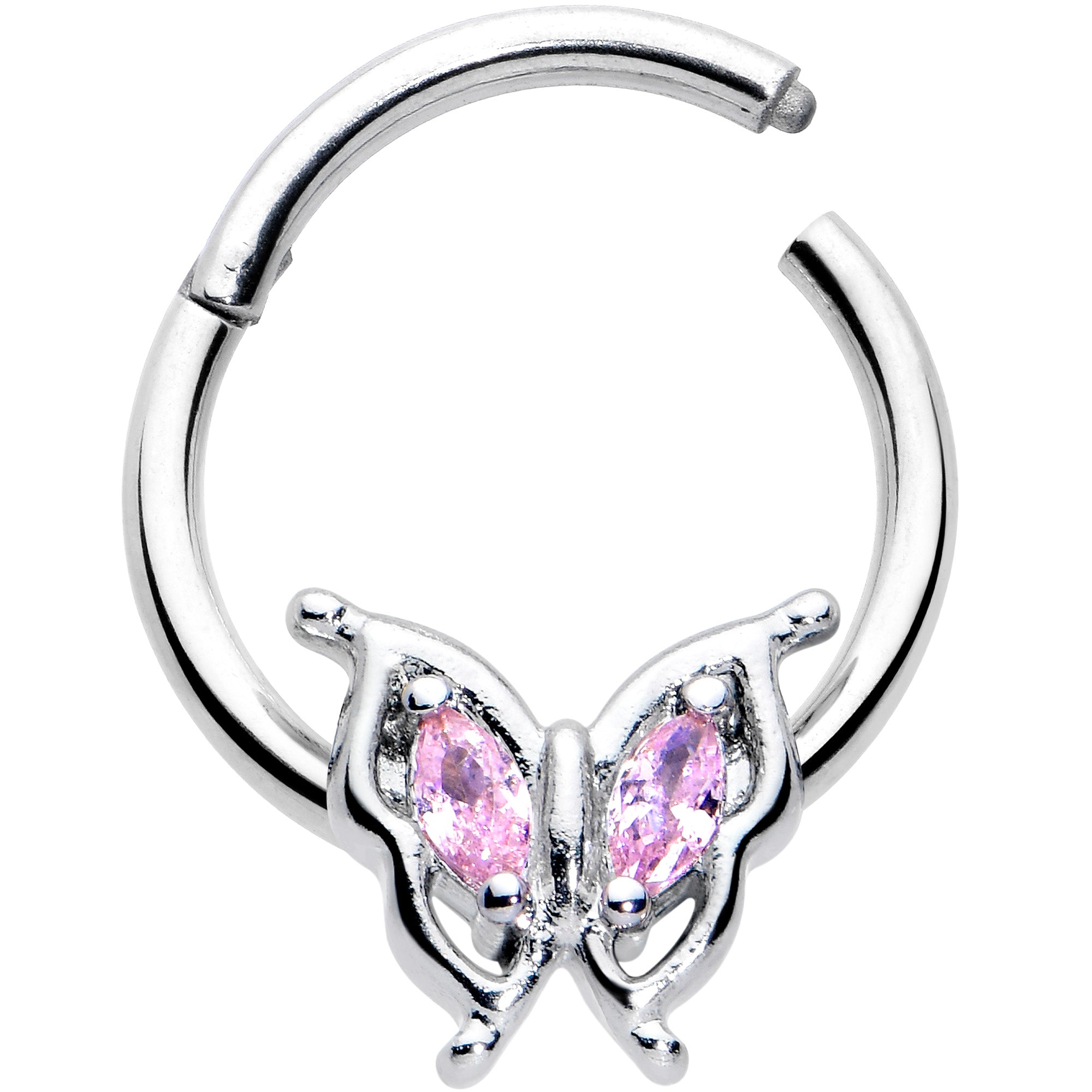 BodyCandy 16G 3/8 Pink Gem Fancy Fab Butterfly Hinged Segment Ring — detail close-up