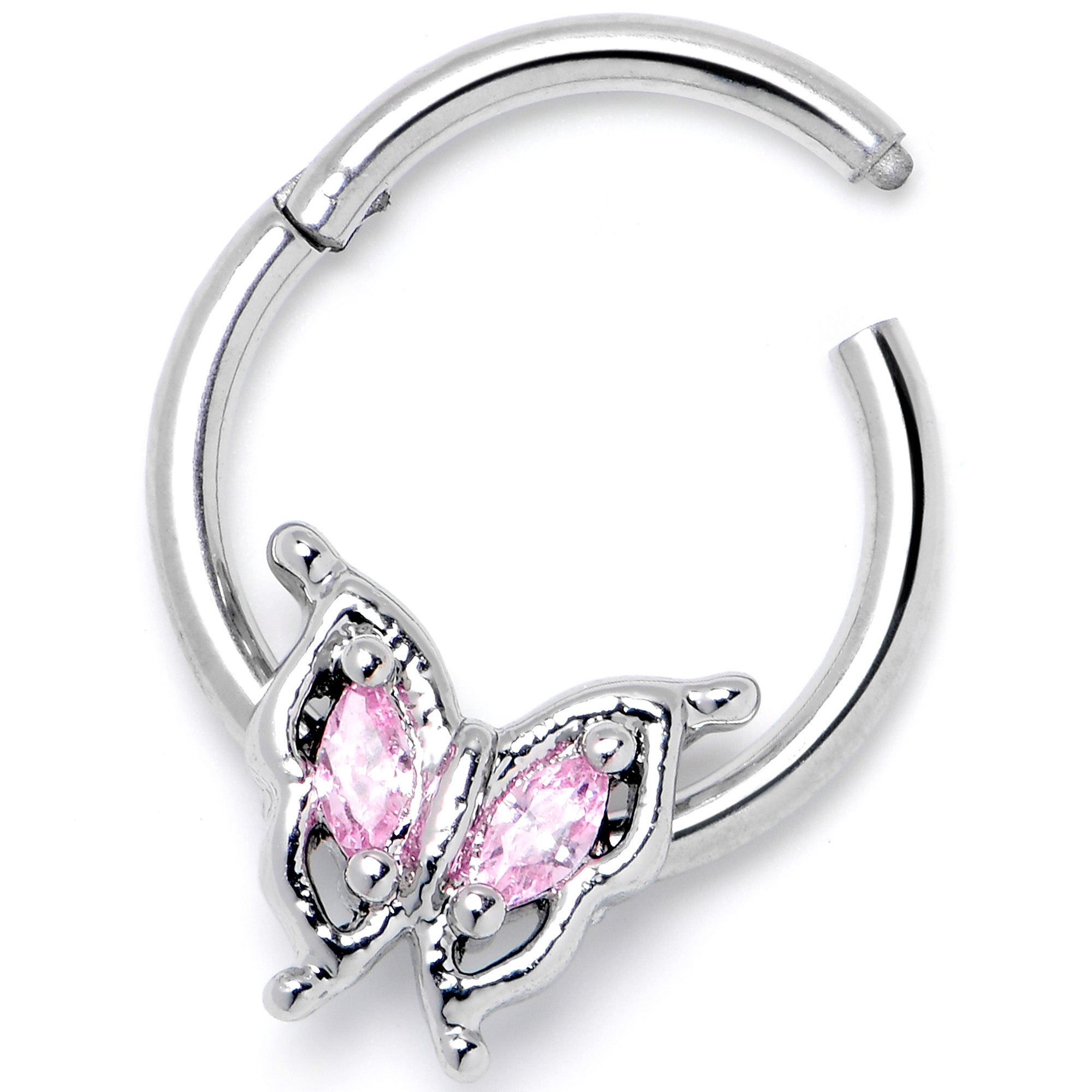 BodyCandy 16G 3/8 Pink Gem Fancy Fab Butterfly Hinged Segment Ring — side view