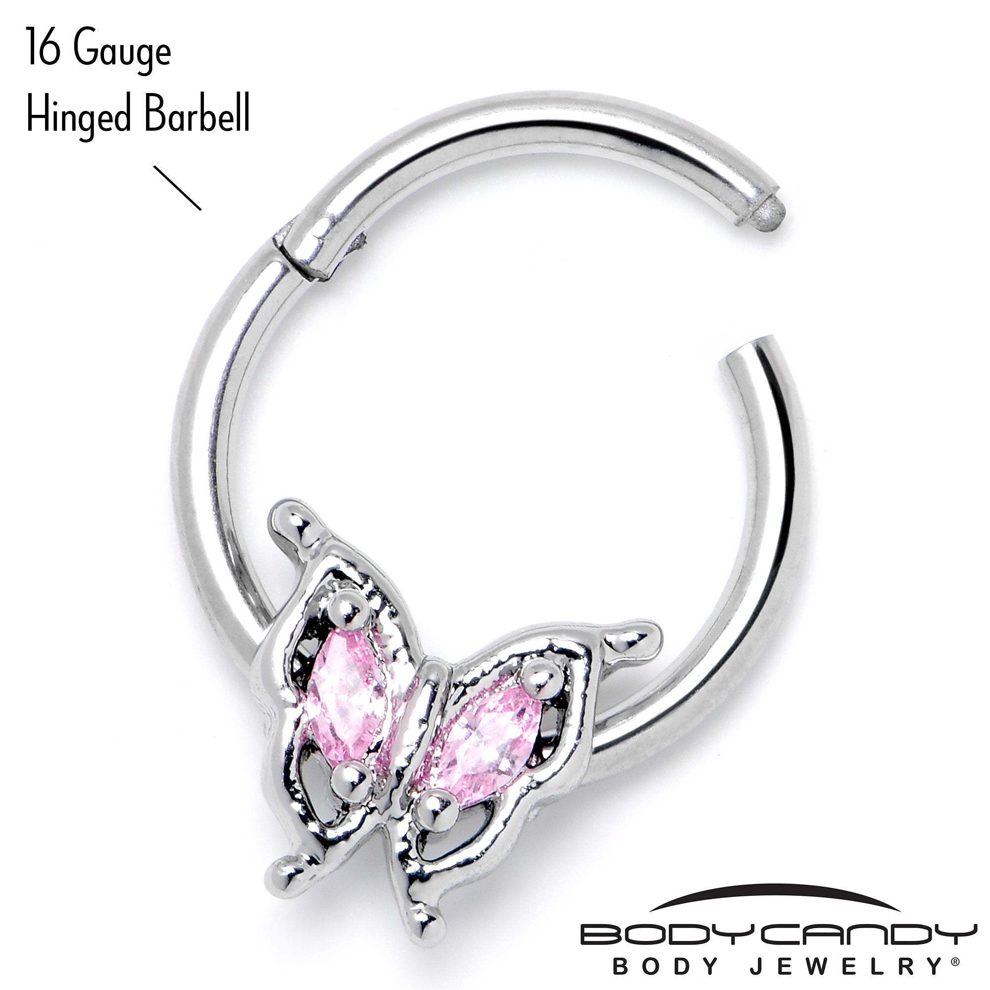 BodyCandy 16G 3/8 Pink Gem Fancy Fab Butterfly Hinged Segment Ring — back view