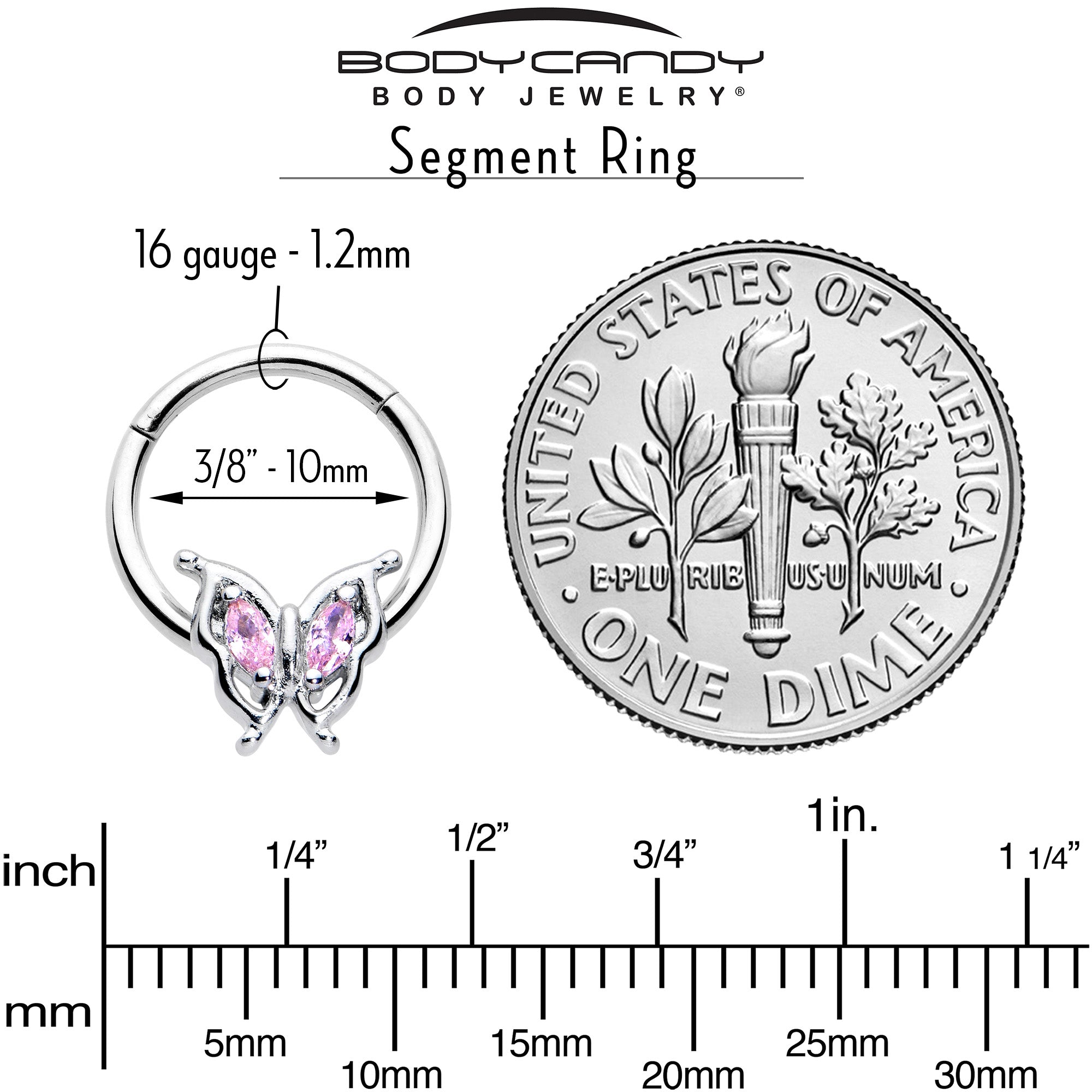 BodyCandy 16G 3/8 Pink Gem Fancy Fab Butterfly Hinged Segment Ring — alternative angle