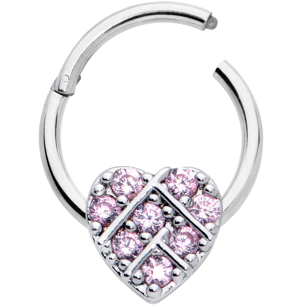 BodyCandy 16G 3/8 Pink CZ Gem Lattice Heart Hinged Segment Ring — detail close-up