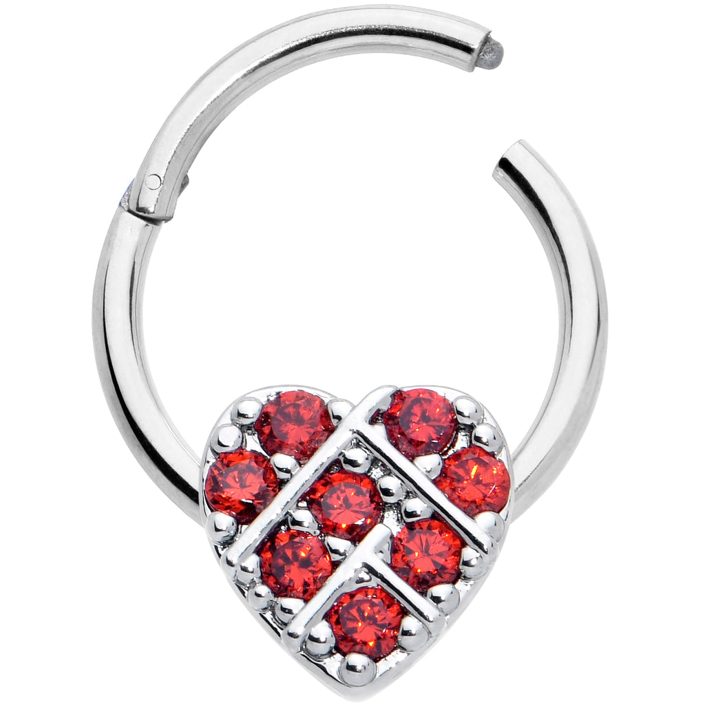 BodyCandy 16G 3/8 Red CZ Gem Lattice Heart Hinged Segment Ring — detail close-up