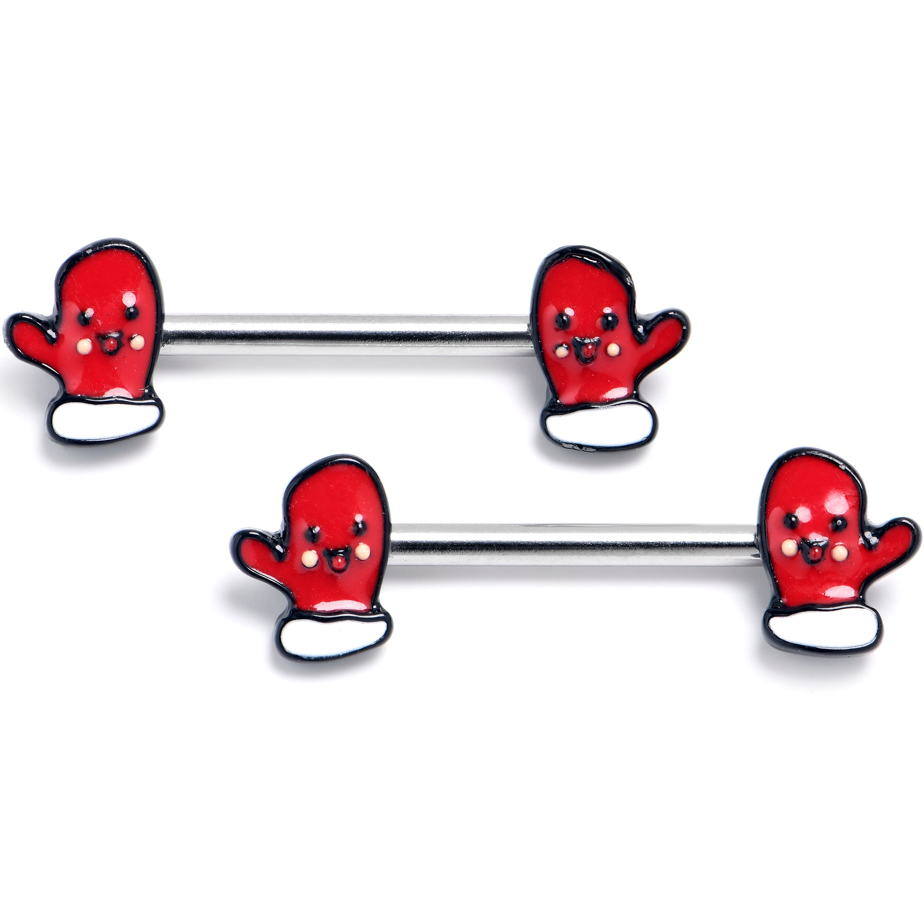 BodyCandy 14G 9/16 Winter Mitten Red White Barbell Nipple Ring Set — main product shot