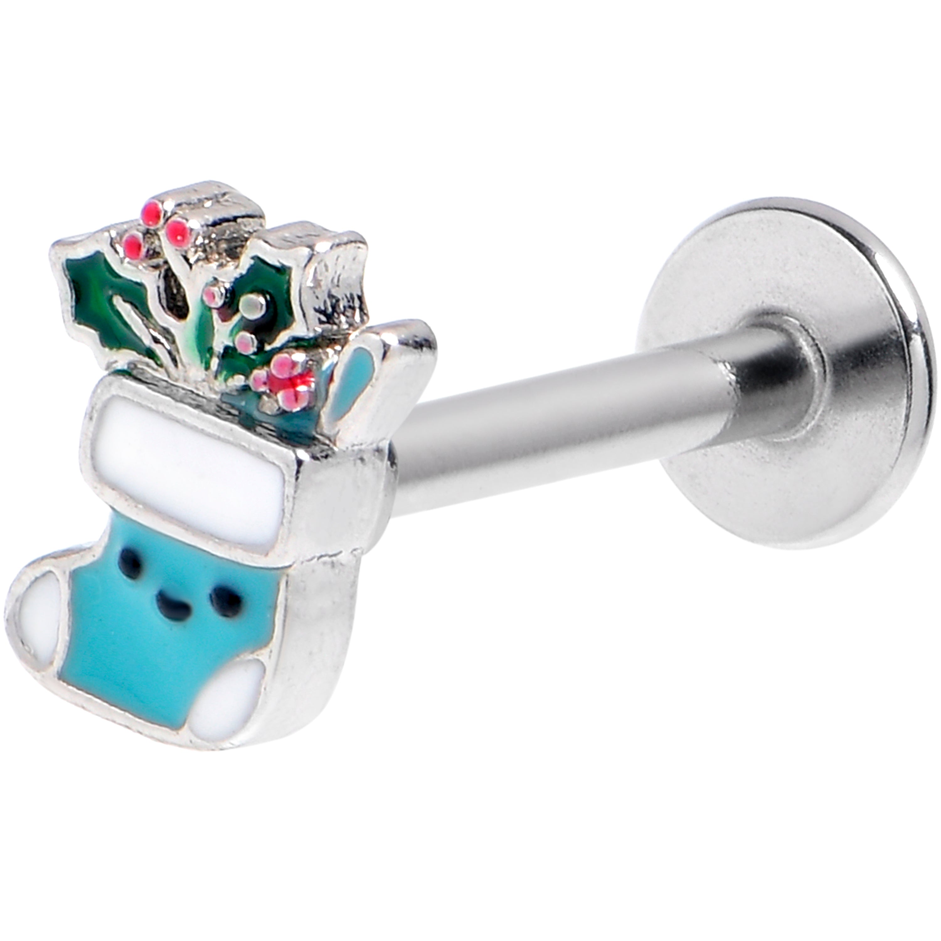 BodyCandy 16G 5/16 Festive Blue Christmas Stocking Labret Monroe Tragus — main product shot