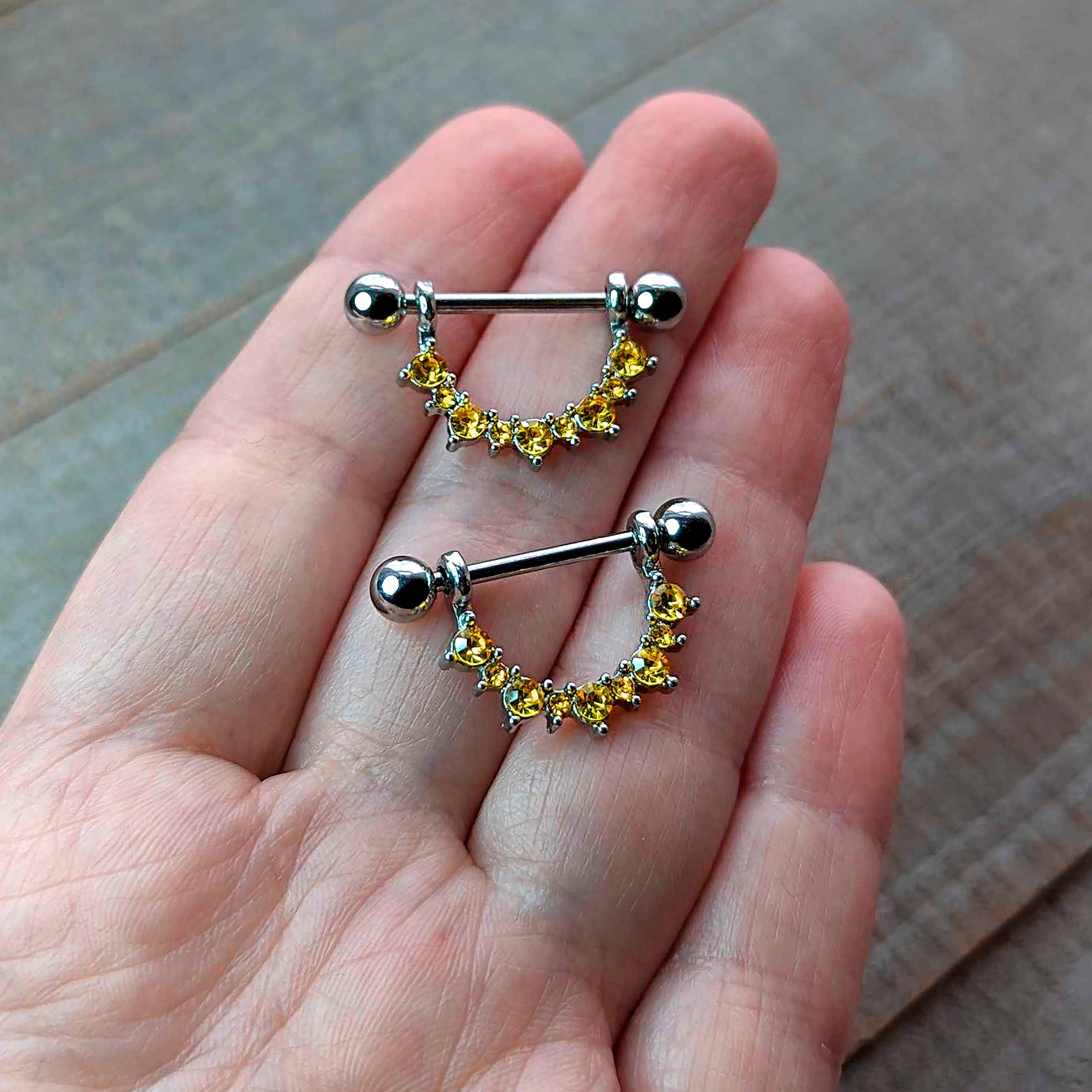 BodyCandy 14G 9/16 Yellow CZ Gem November Birthstone Dangle Nipple Shield Set — detail close-up