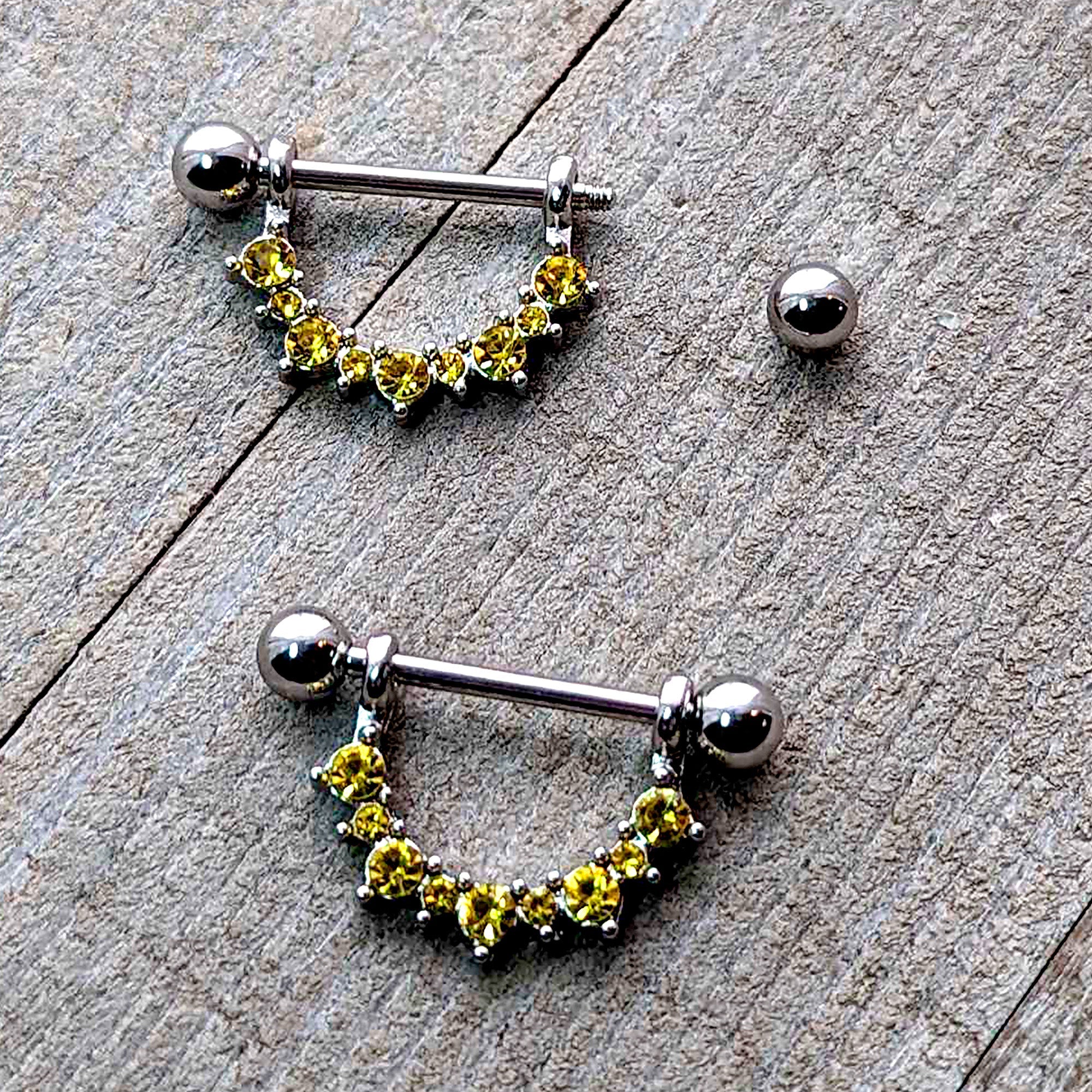 BodyCandy 14G 9/16 Yellow CZ Gem November Birthstone Dangle Nipple Shield Set — lifestyle context