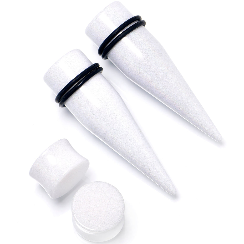 BodyCandy White Acrylic Shimmer Finish Taper Plug Set 6mm to 20mm Sizes — color detail