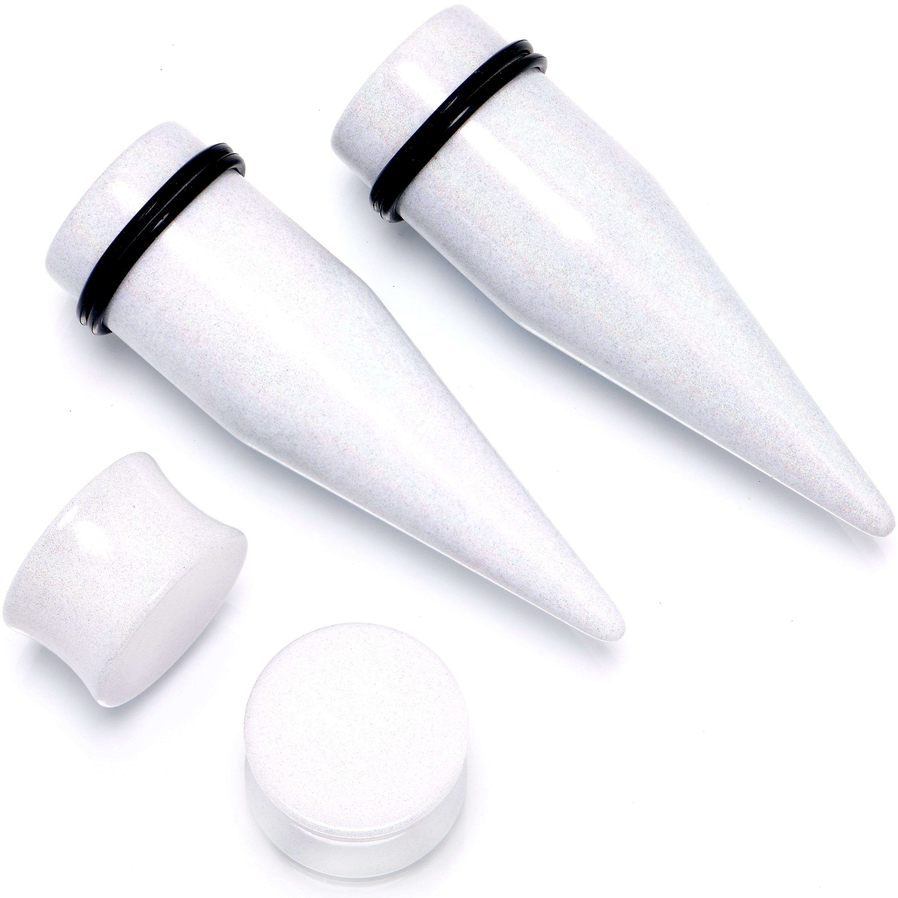 BodyCandy White Acrylic Shimmer Finish Taper Plug Set 6mm to 20mm Sizes — packaging